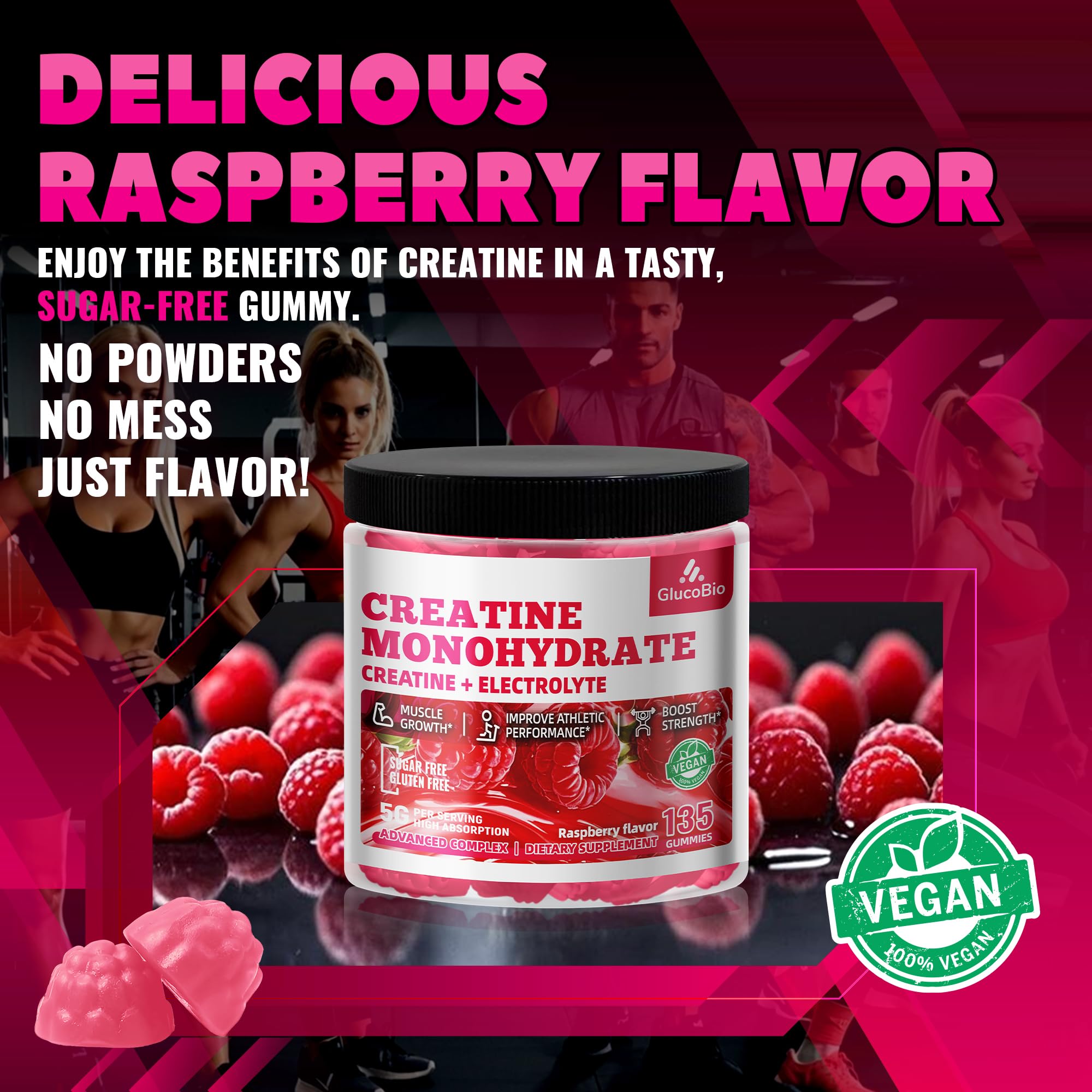 GlucoBio Creatine Monohydrate Gummies – 5g per Serving, Raspberry
