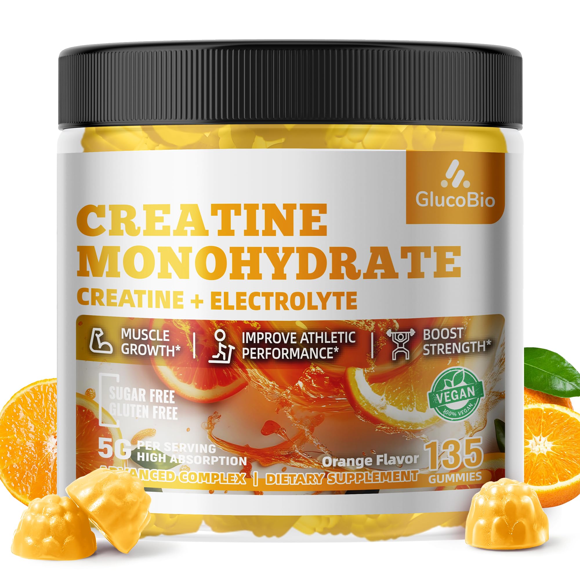 GlucoBio Creatine Monohydrate Gummies 5g – Pre-Workout Energy & Muscle Growth (135 Count) – Vegan