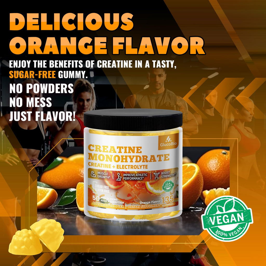 GlucoBio Creatine Monohydrate Gummies 5g – Pre-Workout Energy & Muscle Growth (135 Count) – Vegan