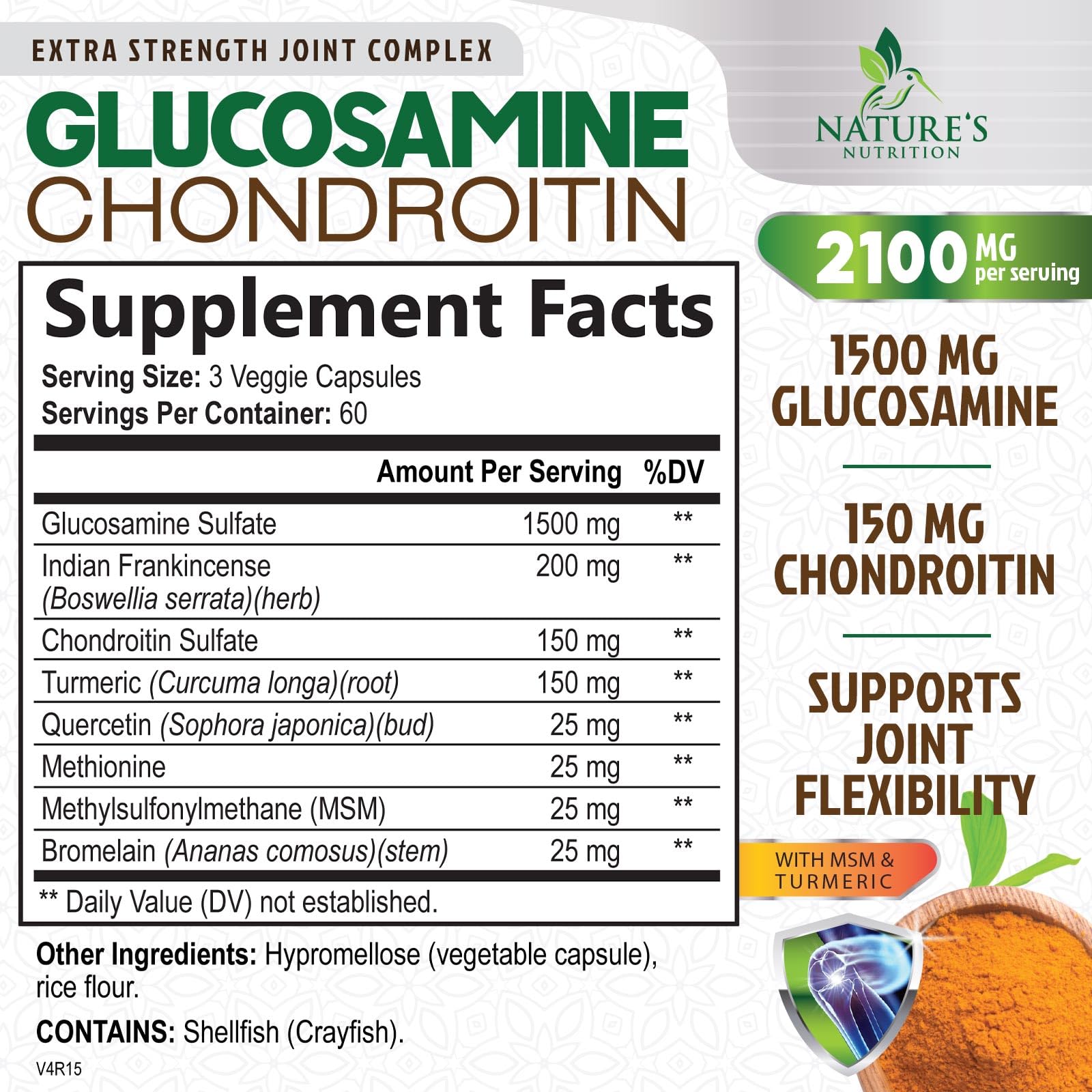 Glucosamine Chondroitin MSM 2100mg – 3x Strength Joint Support for Men & Women | Turmeric & Boswellia – 180 Capsules