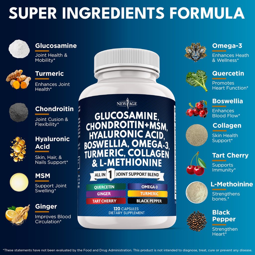 Glucosamine Chondroitin MSM + Turmeric Curcumin, Collagen, Hyaluronic Acid, Omega-3 – Health Supplement 360 Count