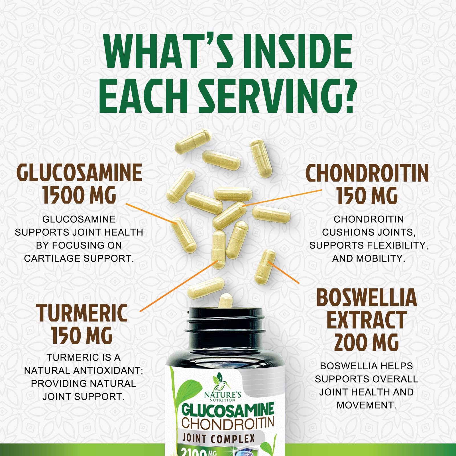 Glucosamine Chondroitin MSM 2100mg – 3x Strength Joint Support for Men & Women | Turmeric & Boswellia – 180 Capsules