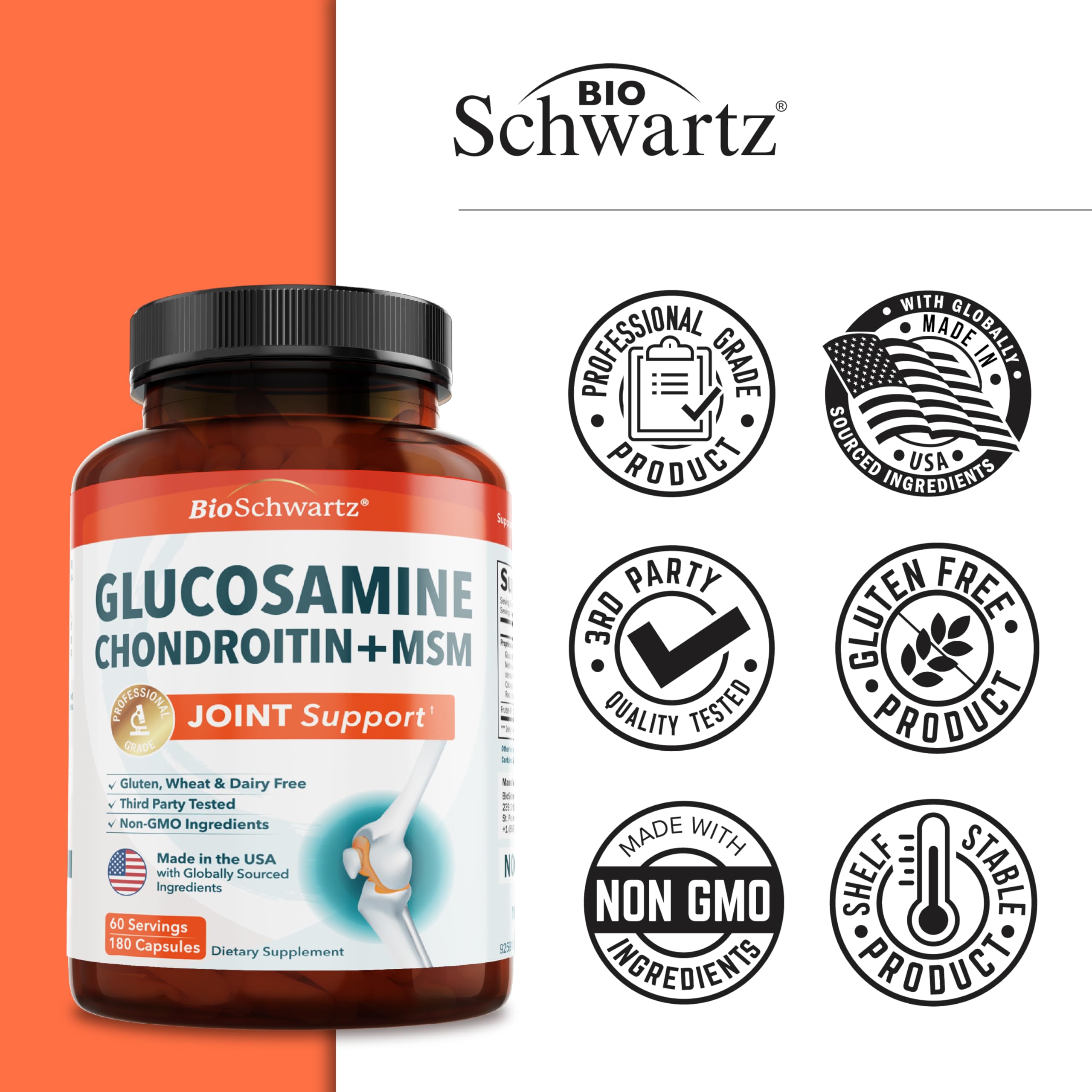 Glucosamine Chondroitin MSM Joint Support – Collagen, Turmeric, Hyaluronic Acid | Gluten Free, Non-GMO, 180 Capsules