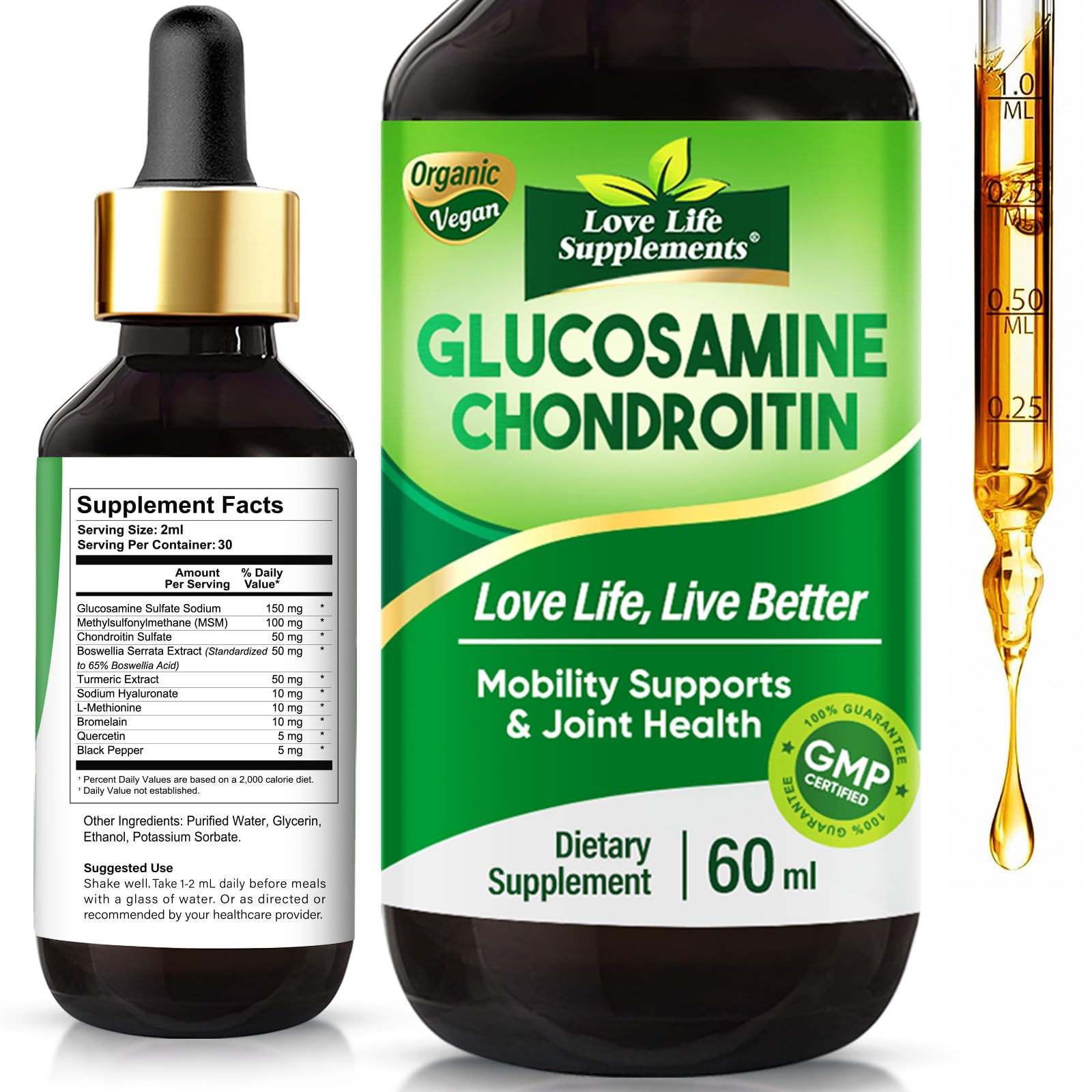 Love Life Supplements Glucosamine Chondroitin MSM Liquid Drops — High Absorption for Joints