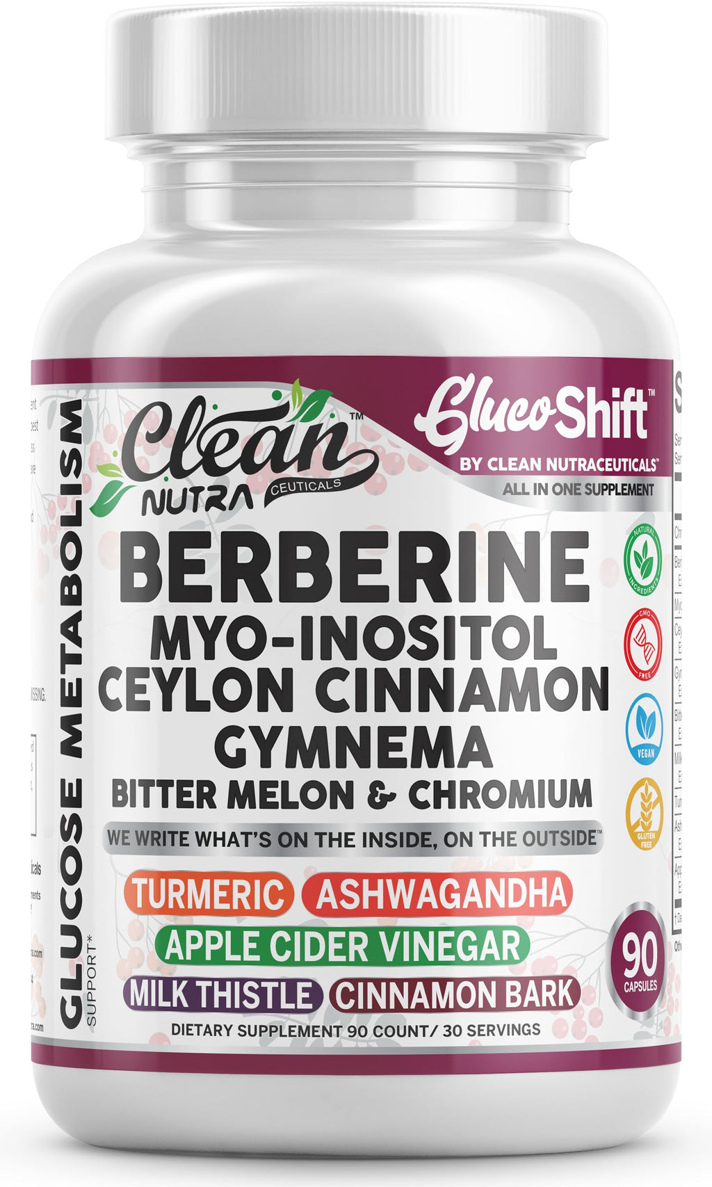 Clean Nutra GlucoShift Berberine Complex – Berberine HCl with Ceylon Cinnamon, Myo-Inositol, Gymnema, Bitter Melon & Chromium | 90 Capsules | Vegan, Gluten-Free, Non-GMO