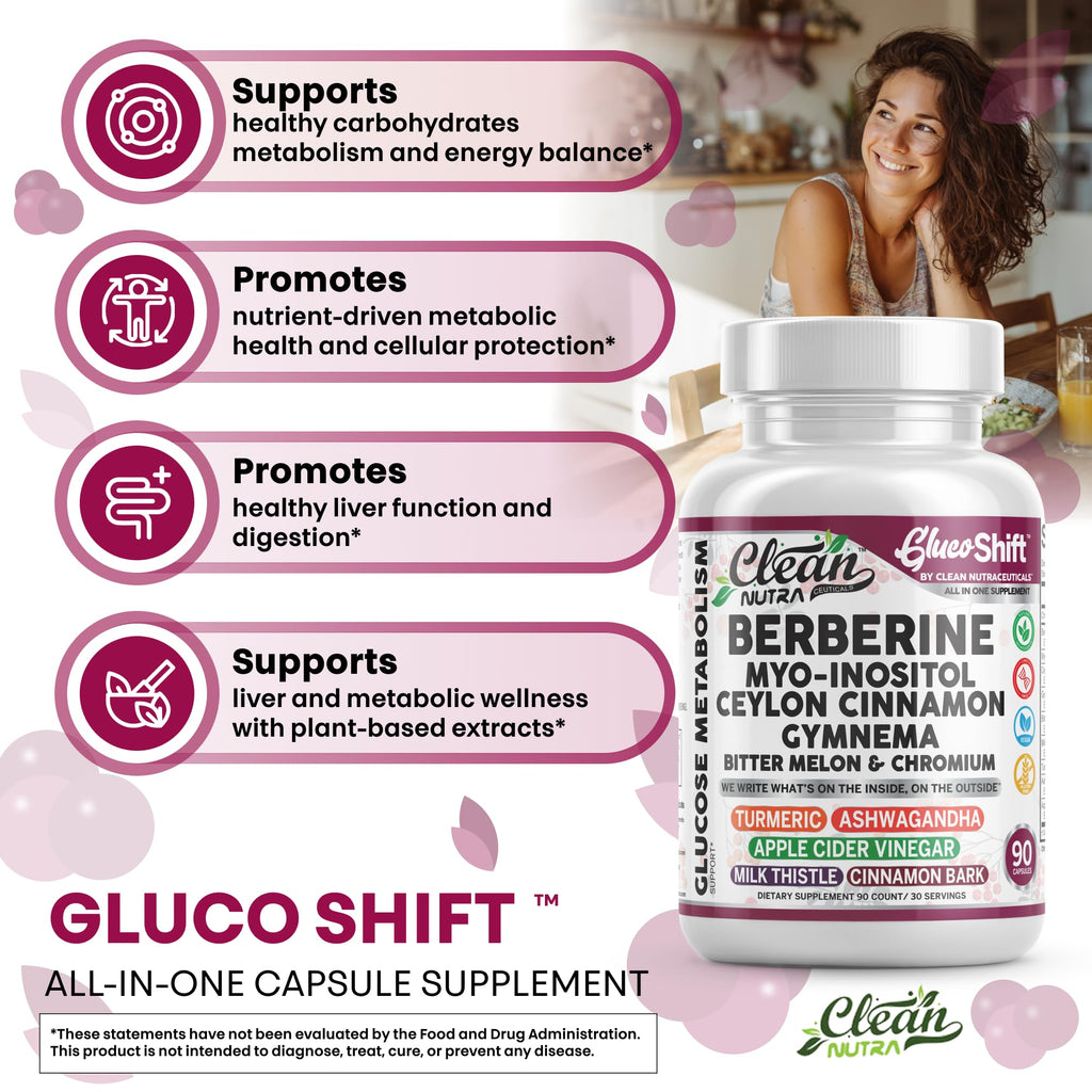 Clean Nutra GlucoShift Berberine Complex – Berberine HCl with Ceylon Cinnamon, Myo-Inositol, Gymnema, Bitter Melon & Chromium | 90 Capsules | Vegan, Gluten-Free, Non-GMO