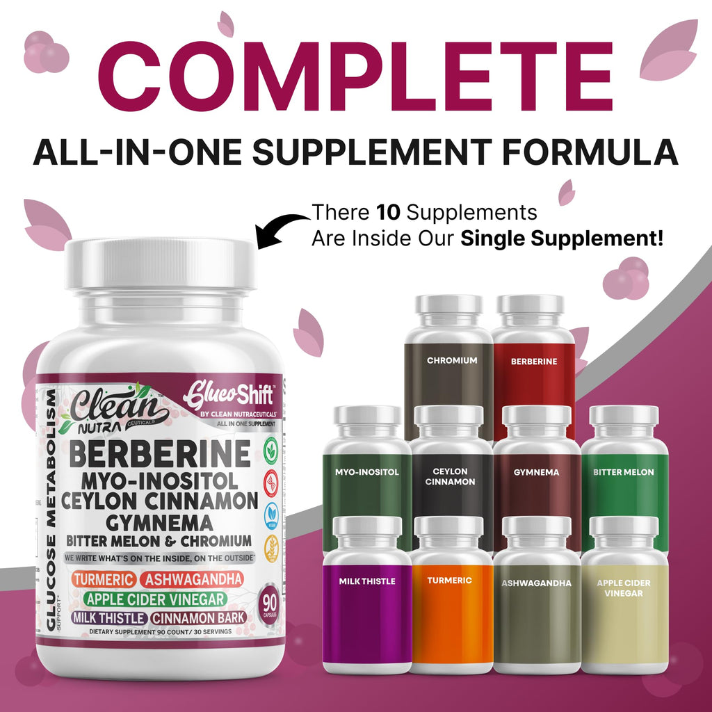 Clean Nutra GlucoShift Berberine Complex – Berberine HCl with Ceylon Cinnamon, Myo-Inositol, Gymnema, Bitter Melon & Chromium | 90 Capsules | Vegan, Gluten-Free, Non-GMO