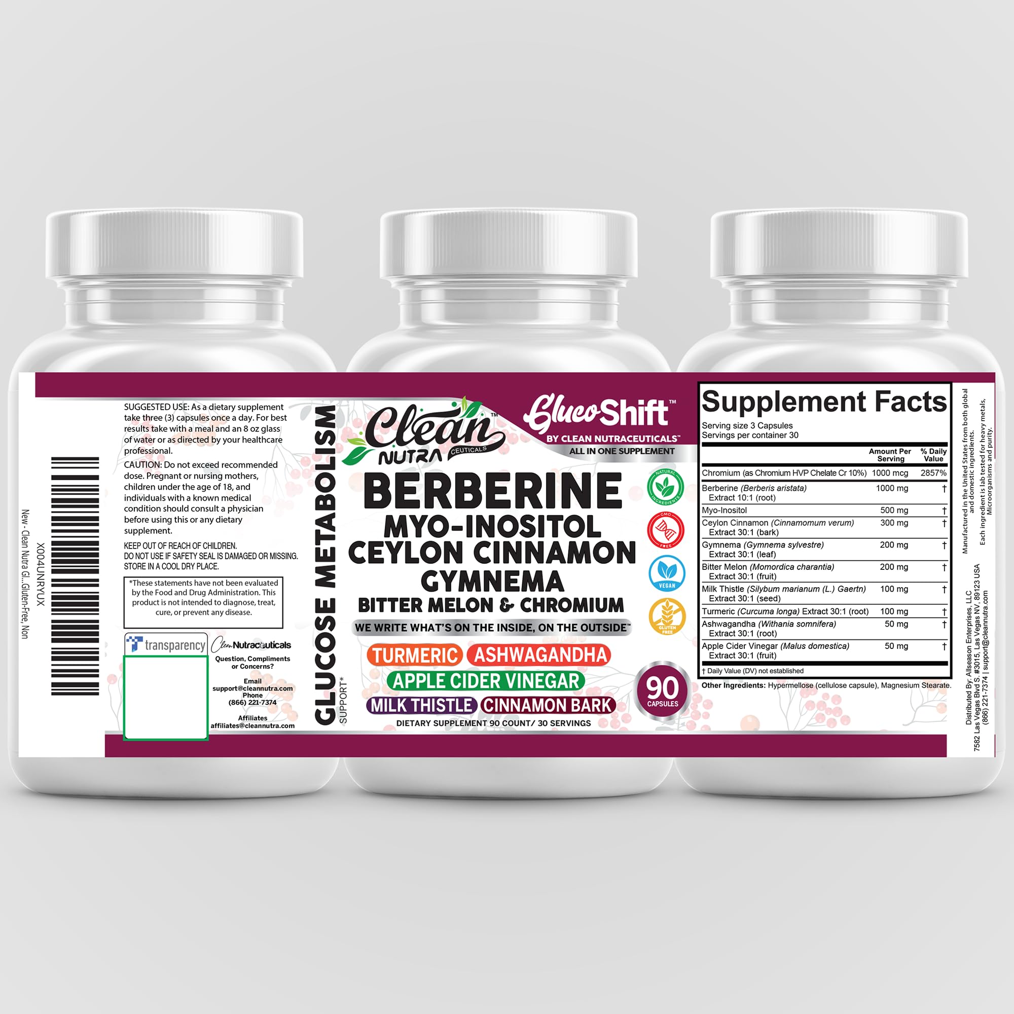 Clean Nutra GlucoShift Berberine Complex – Berberine HCl with Ceylon Cinnamon, Myo-Inositol, Gymnema, Bitter Melon & Chromium | 90 Capsules | Vegan, Gluten-Free, Non-GMO