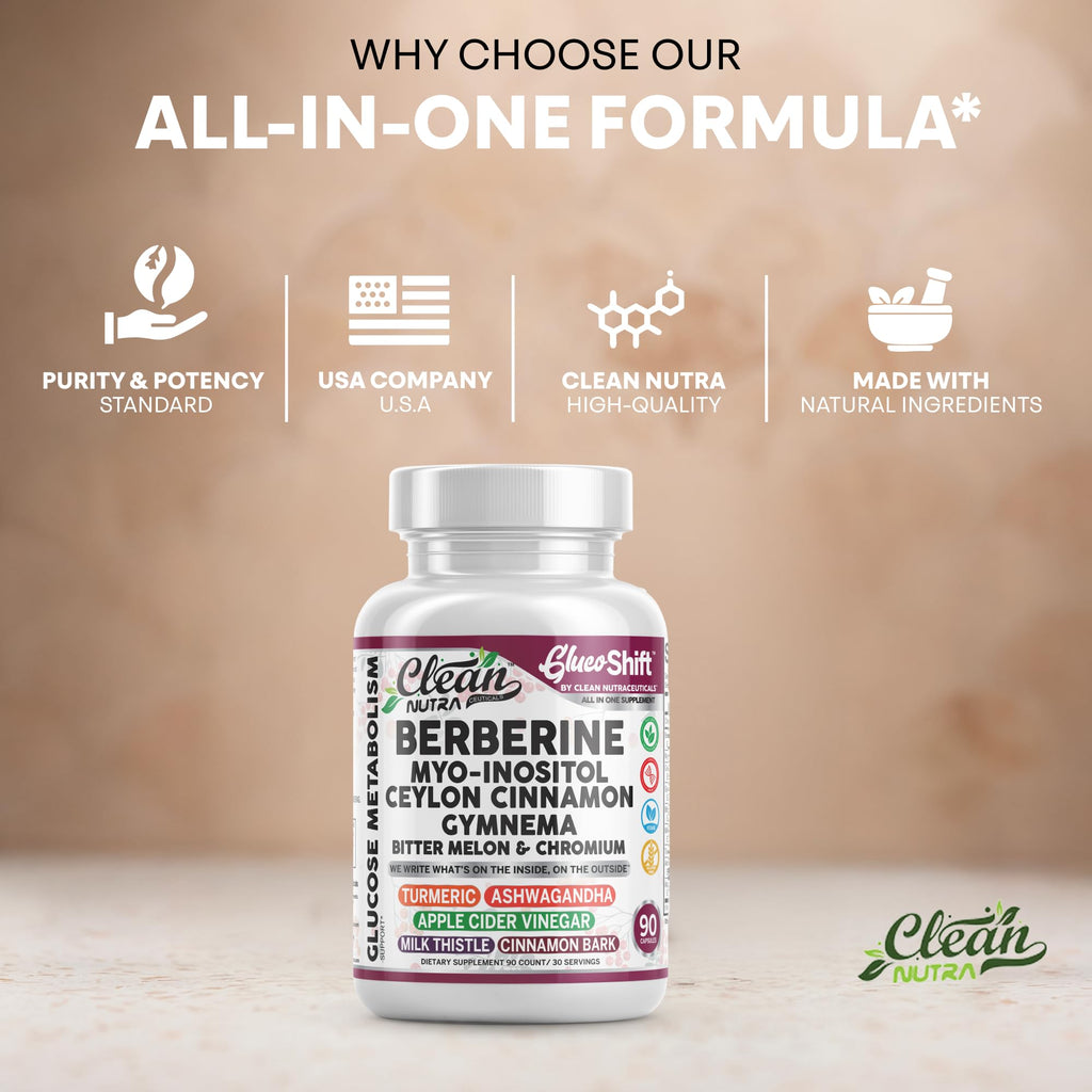 Clean Nutra GlucoShift Berberine Complex – Berberine HCl with Ceylon Cinnamon, Myo-Inositol, Gymnema, Bitter Melon & Chromium | 90 Capsules | Vegan, Gluten-Free, Non-GMO