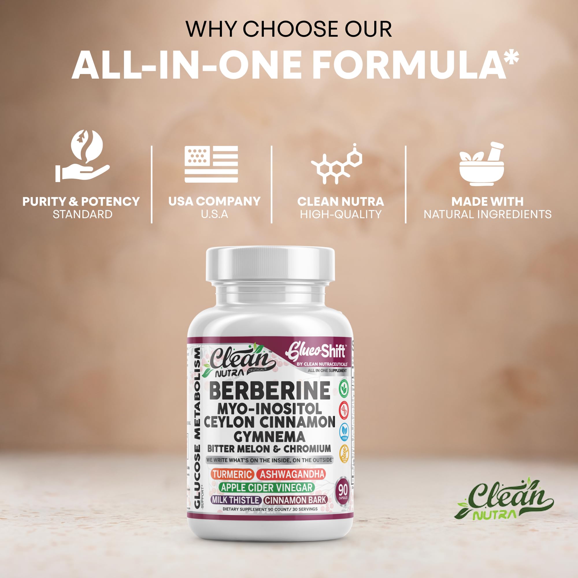 Clean Nutra GlucoShift Berberine Complex – Berberine HCl with Ceylon Cinnamon, Myo-Inositol, Gymnema, Bitter Melon & Chromium | 90 Capsules | Vegan, Gluten-Free, Non-GMO