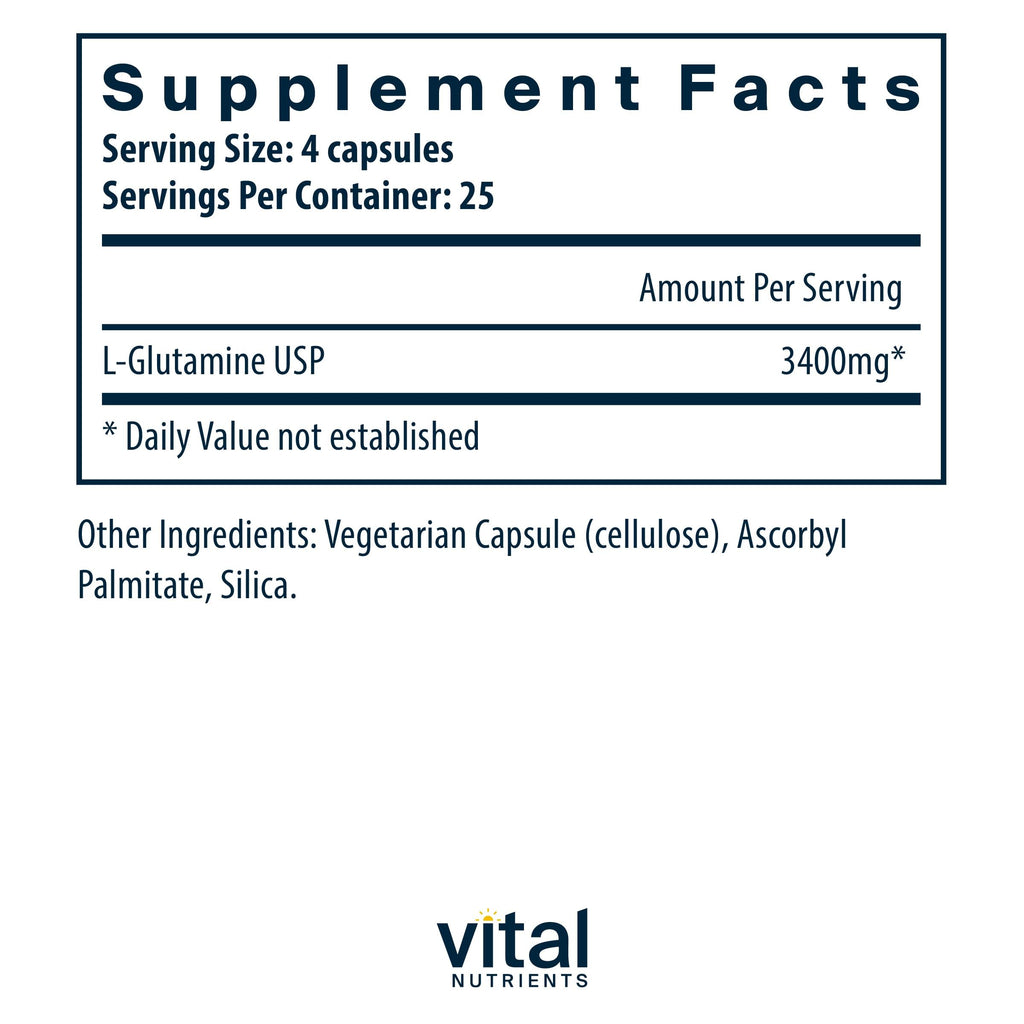 Vital Nutrients Glutamine 3400mg – 90 Capsules | GI Support | Gluten Free | Non-GMO