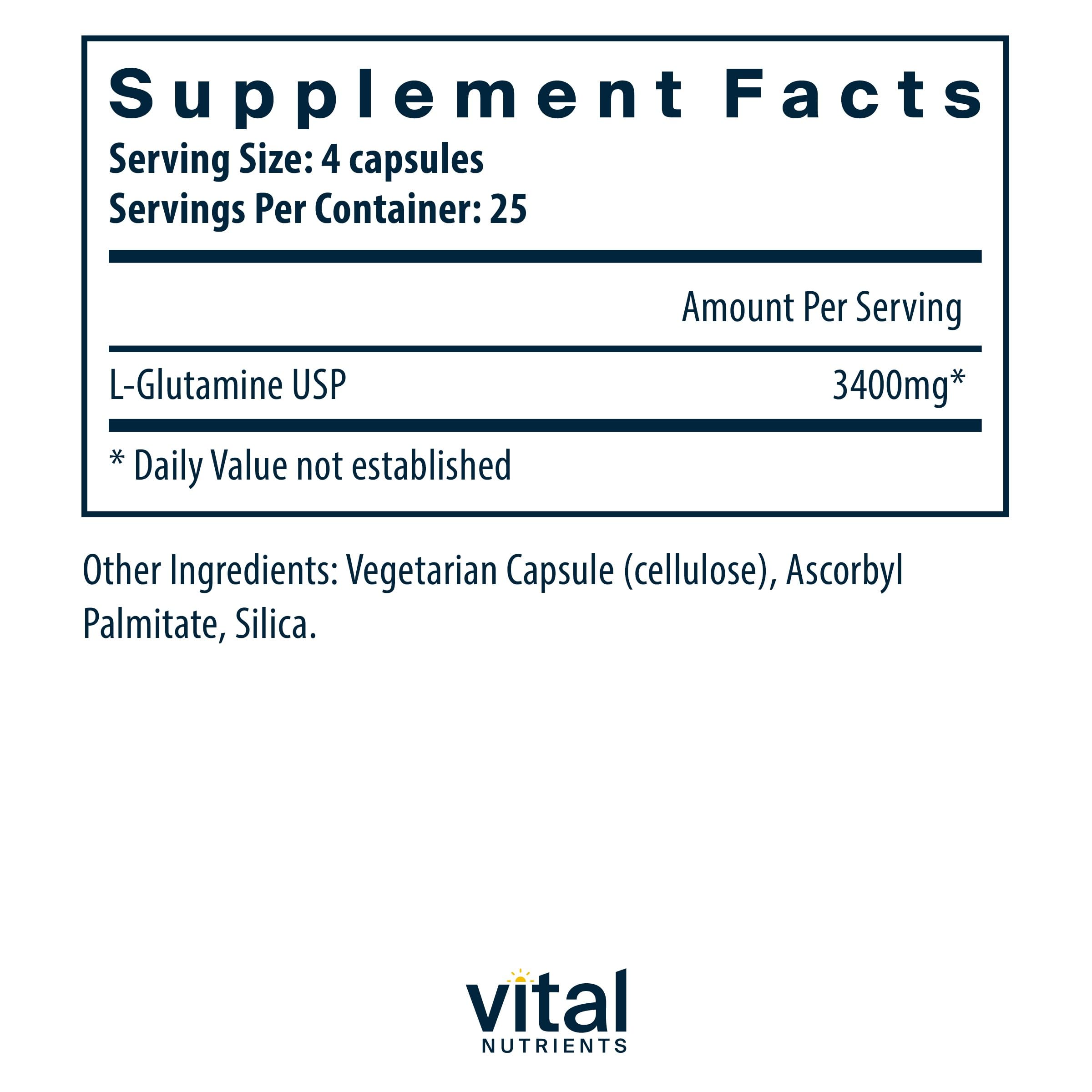 Vital Nutrients Glutamine 3400mg – 90 Capsules | GI Support | Gluten Free | Non-GMO