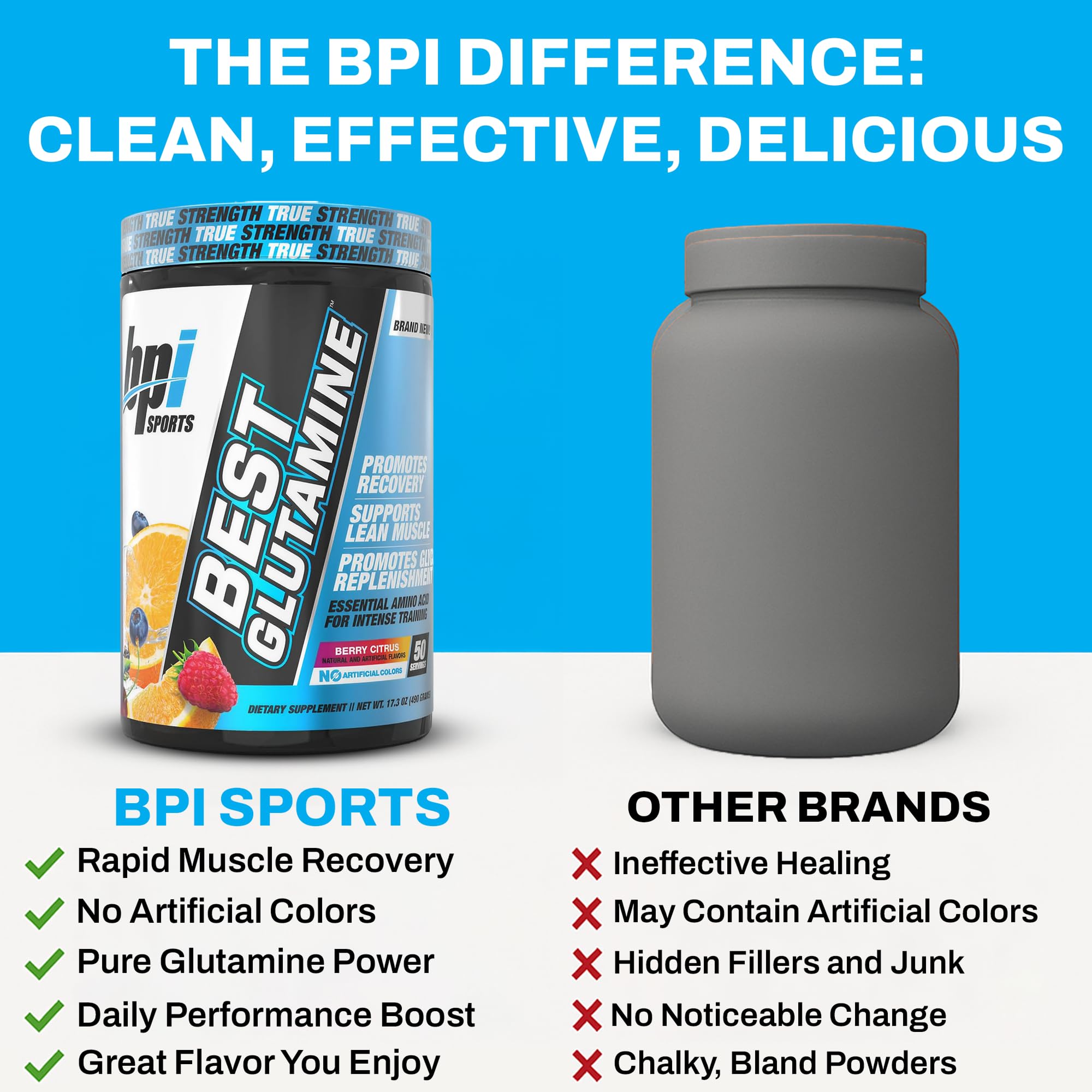 BPI Sports Best Glutamine Supplement - L-Glutamine Powder for Gut Health, Muscle Recovery & Immune Support | 50 Servings Berry Citrus