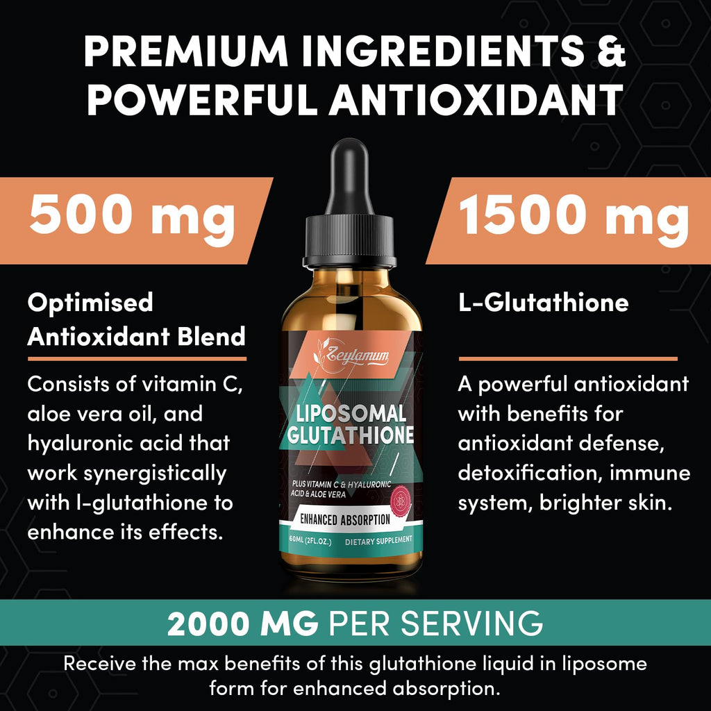 Zeylamum 2000MG Liposomal Glutathione Liquid Drops – Ultra-Absorption, Immune & Skin Support (12.12 oz)