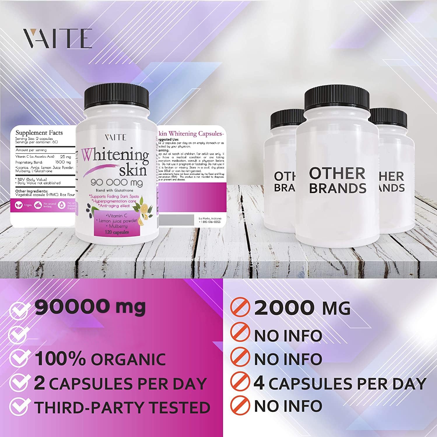 Glutathione Whitening Pills - 90,000 mg | Vegan Skin Care Supplement for Dark Spots, Acne Scars & Anti-Aging - 120 Capsules