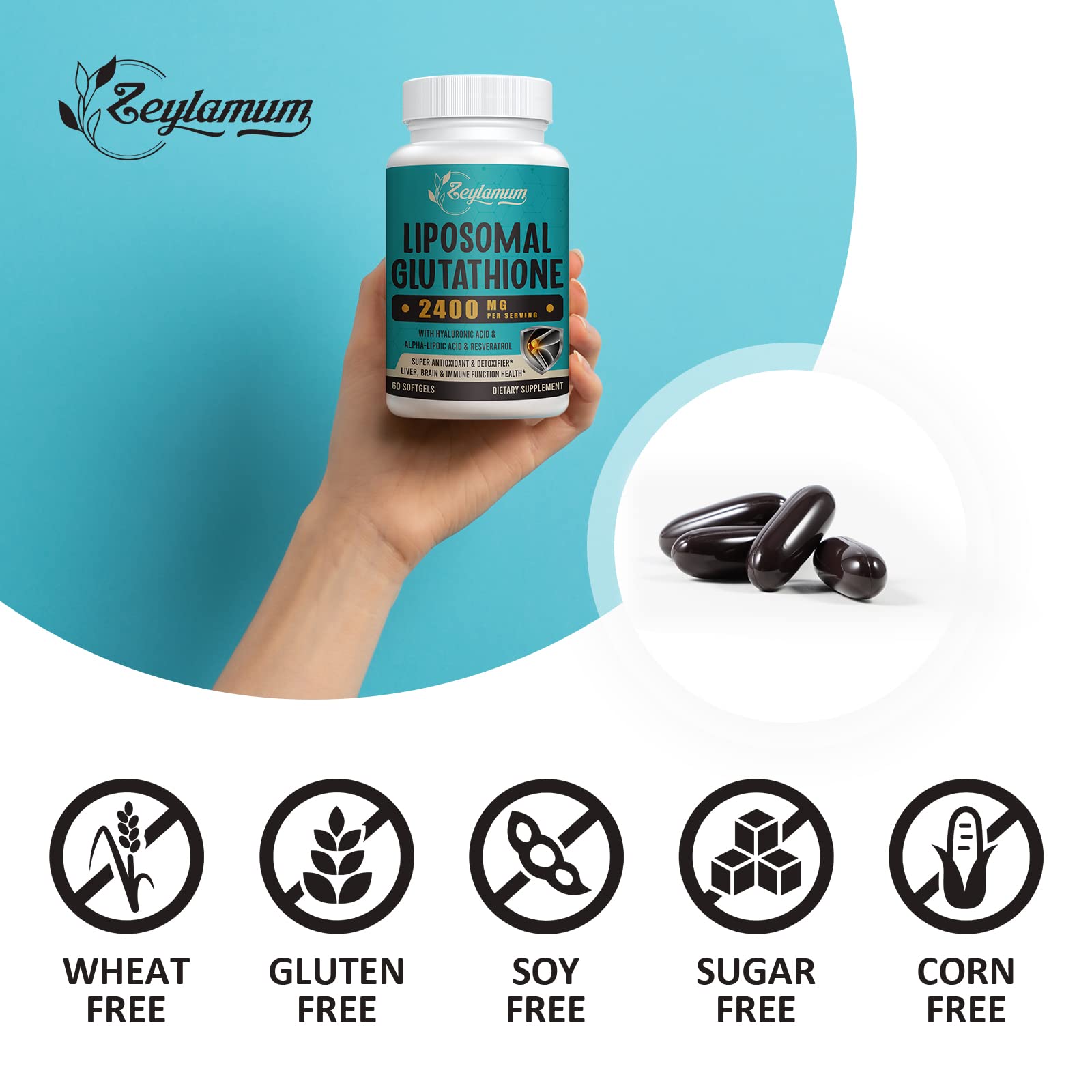 Zeylamum 2400mg Liposomal Glutathione Softgels – Max Absorption, Hyaluronic Acid & Resveratrol, 600 Softgels