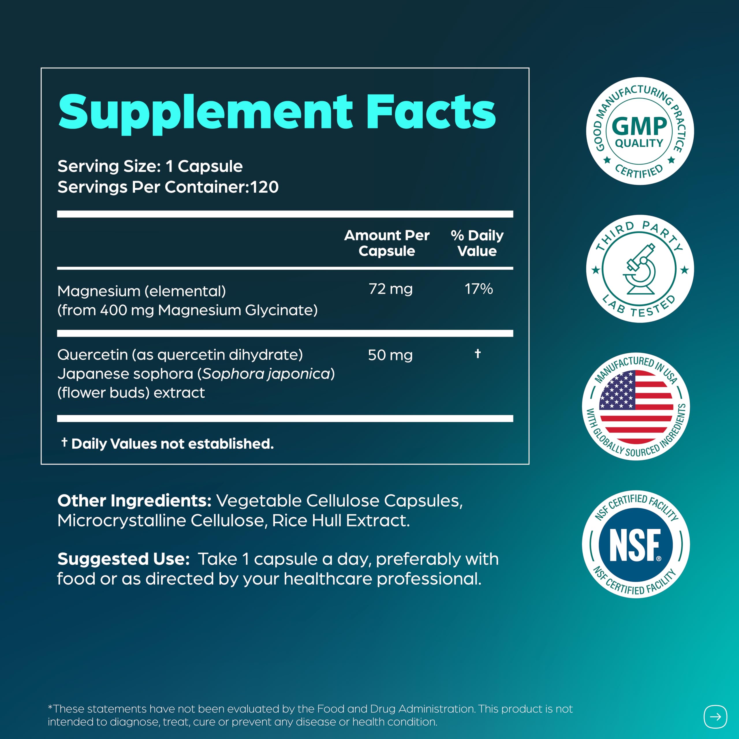 Magnesium Glycinate 400mg with Quercetin – 120 Count for Sleep & Relaxation