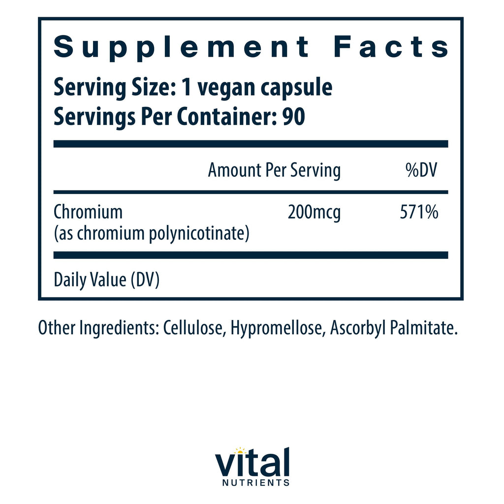 Vital Nutrients Chromium Polynicotinate 200mcg | Chromium Supplements for Healthy Fat and Carbohydrate Metabolism | Cholesterol Maintenance | Gluten-Free | Non-GMO | 90 Capsules