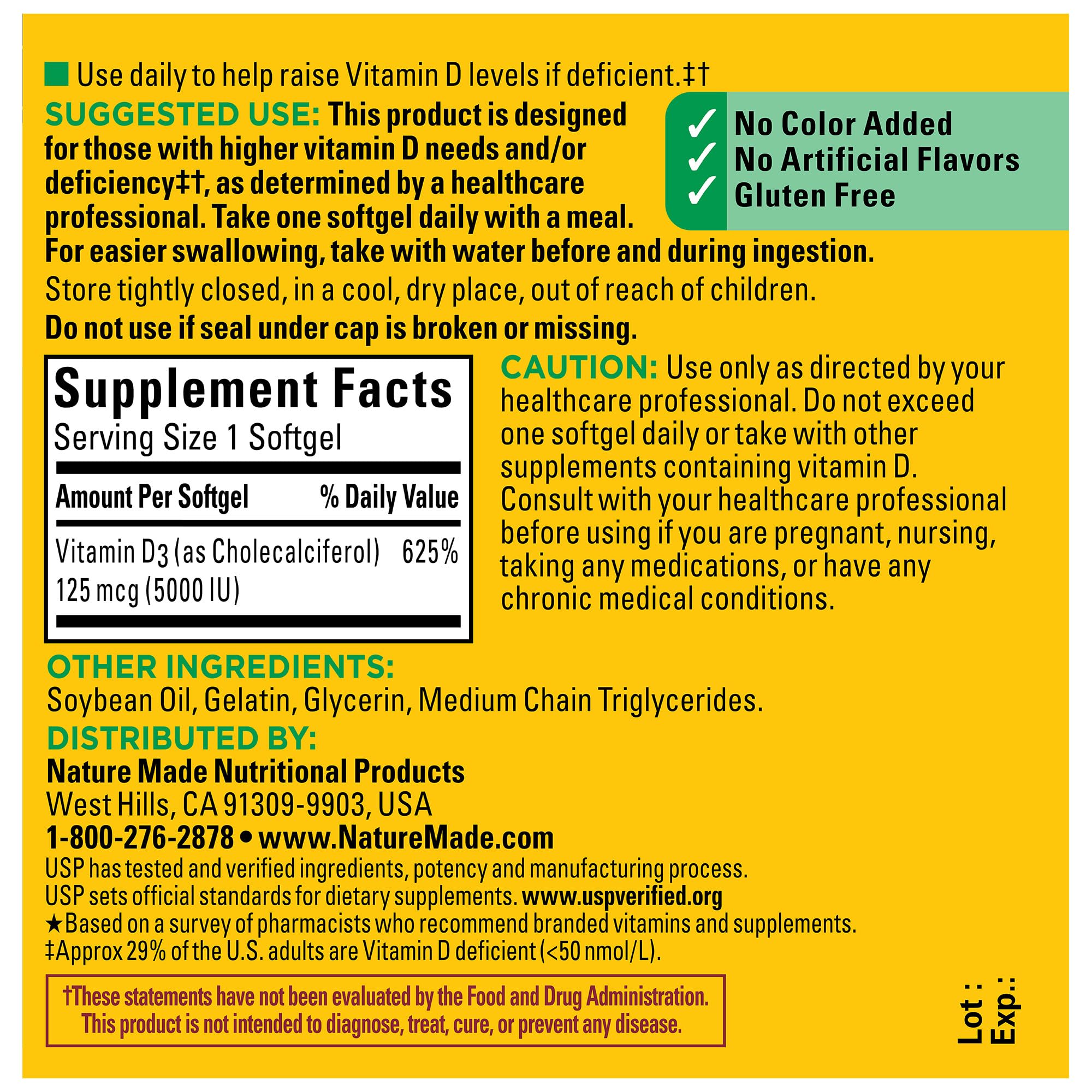 Nature Made Vitamin D3 5000 IU Softgels – 90 Count, 90 Day Supply
