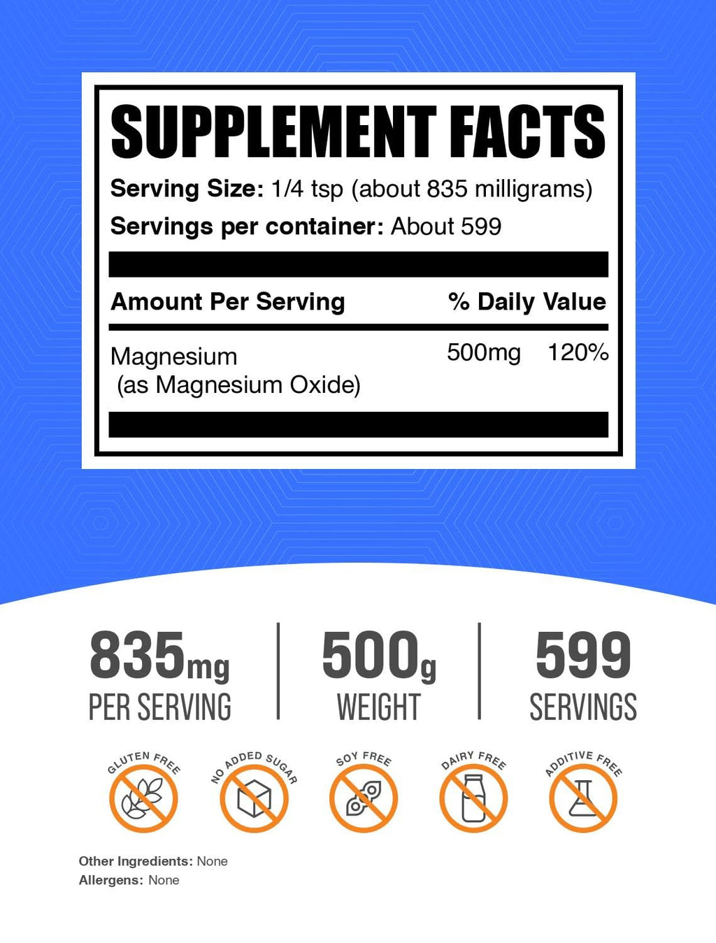 Magnesium Oxide Powder 835mg per Serving | Food Grade & Gluten Free 500g (Pack of 1) | BulkSupplements.com