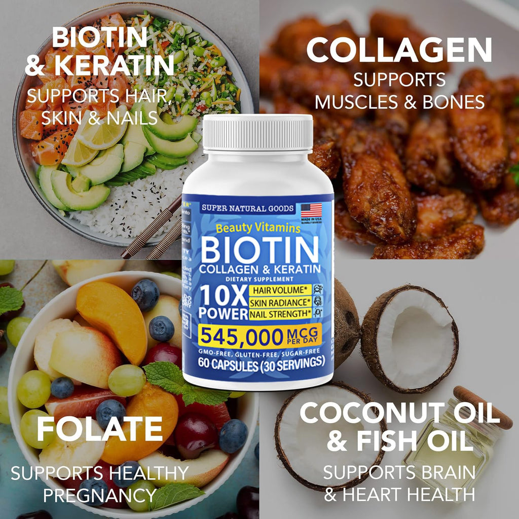 Biotin, Collagen & Keratin with Folate – Hair Growth Vitamins for Women & Men | Gluten Free & GMO Free (120 Caps)