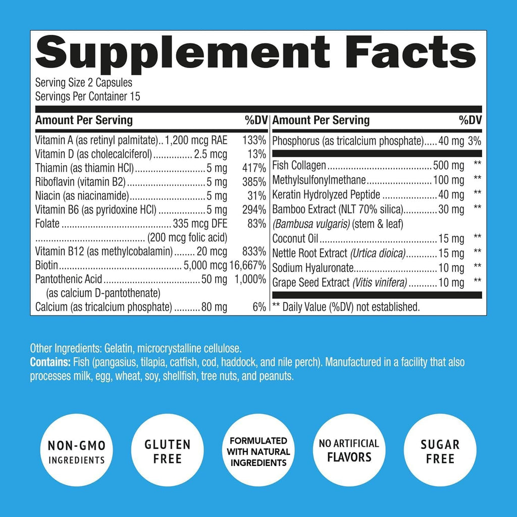 Biotin, Collagen & Keratin with Folate – Hair Growth Vitamins for Women & Men (60 Caps)