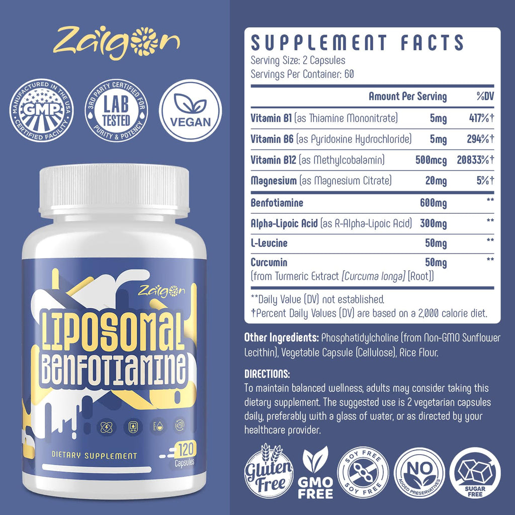 Zaigon Benfotiamine 600mg Vitamin B1 Supplement | Gluten Free