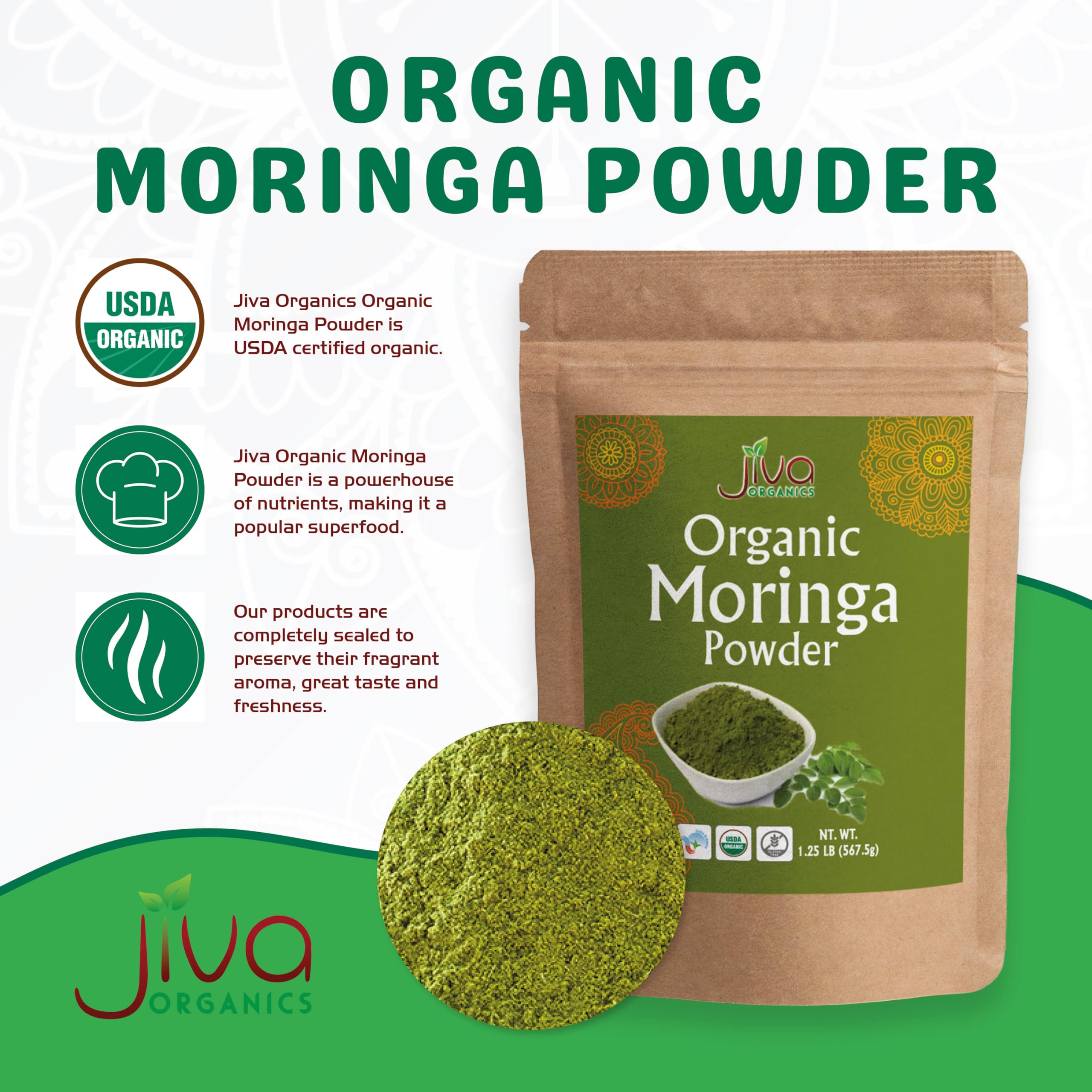 Jiva Organics Moringa Powder 1.25LB - USDA Organic Moringa Leaf Powder | Vegan