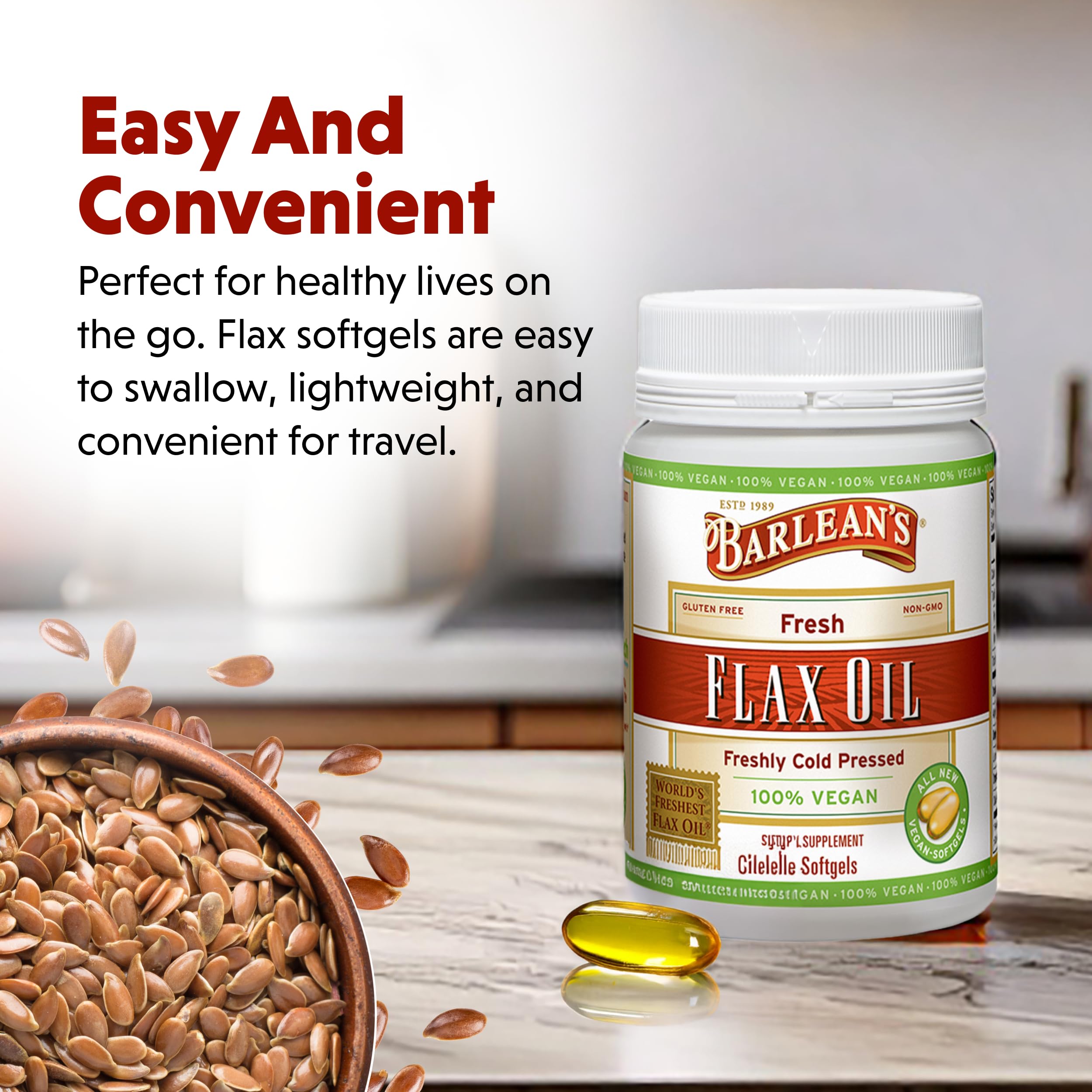 Barlean's Vegan Flaxseed Oil Softgels — 1650 mg ALA, Cold-Pressed, 100 Count