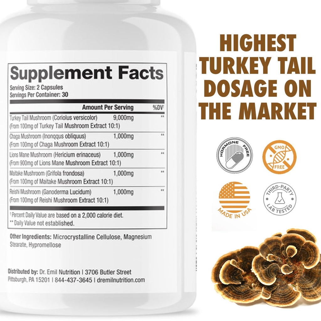 Dr. Emil Nutrition Turkey Tail Mushroom Capsules – Immunity & Gut Health Formula with Lion's Mane, Chaga, Reishi & Maitake