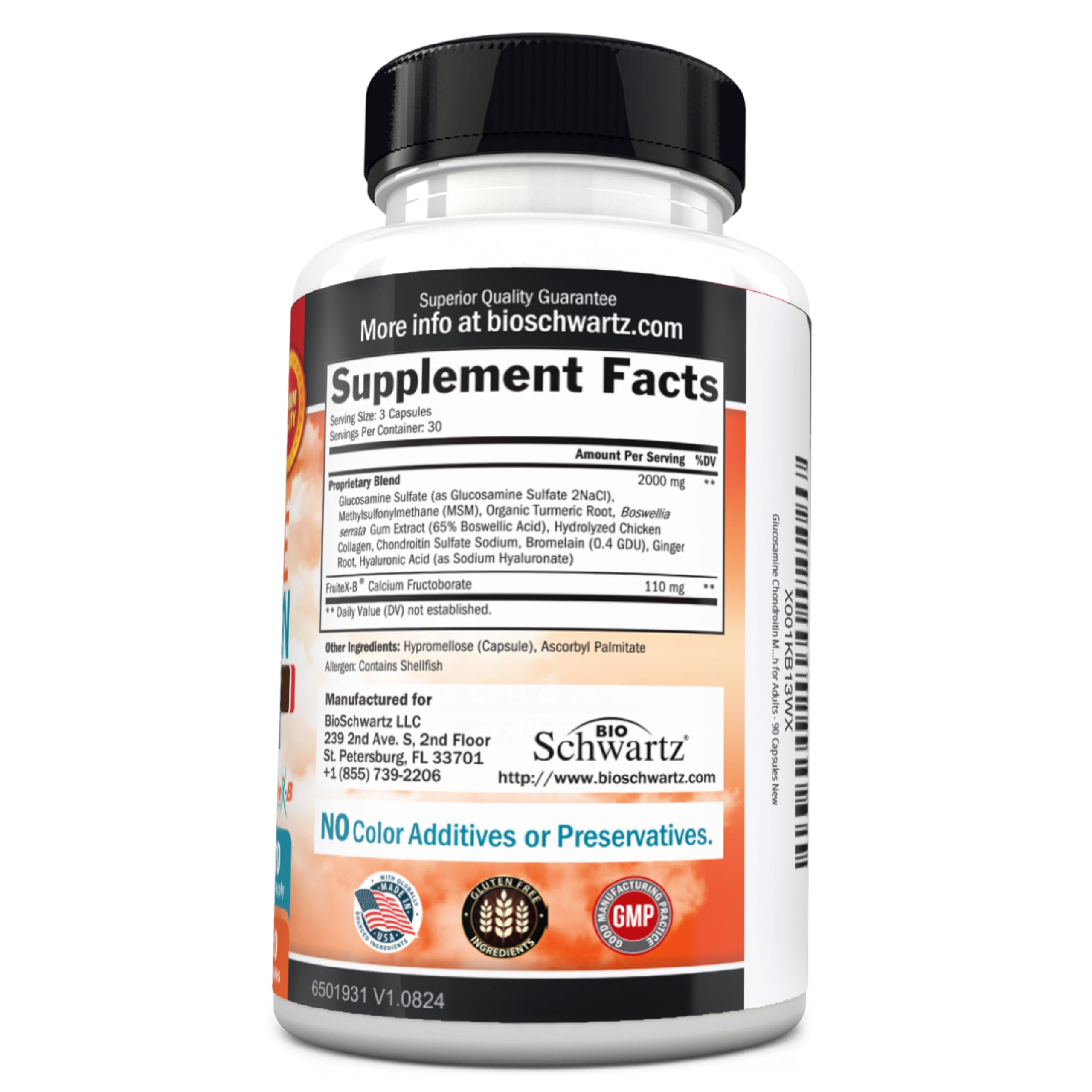 Glucosamine Chondroitin MSM Joint Support – Collagen, Turmeric, Hyaluronic Acid | Gluten Free, Non-GMO 90 Capsules