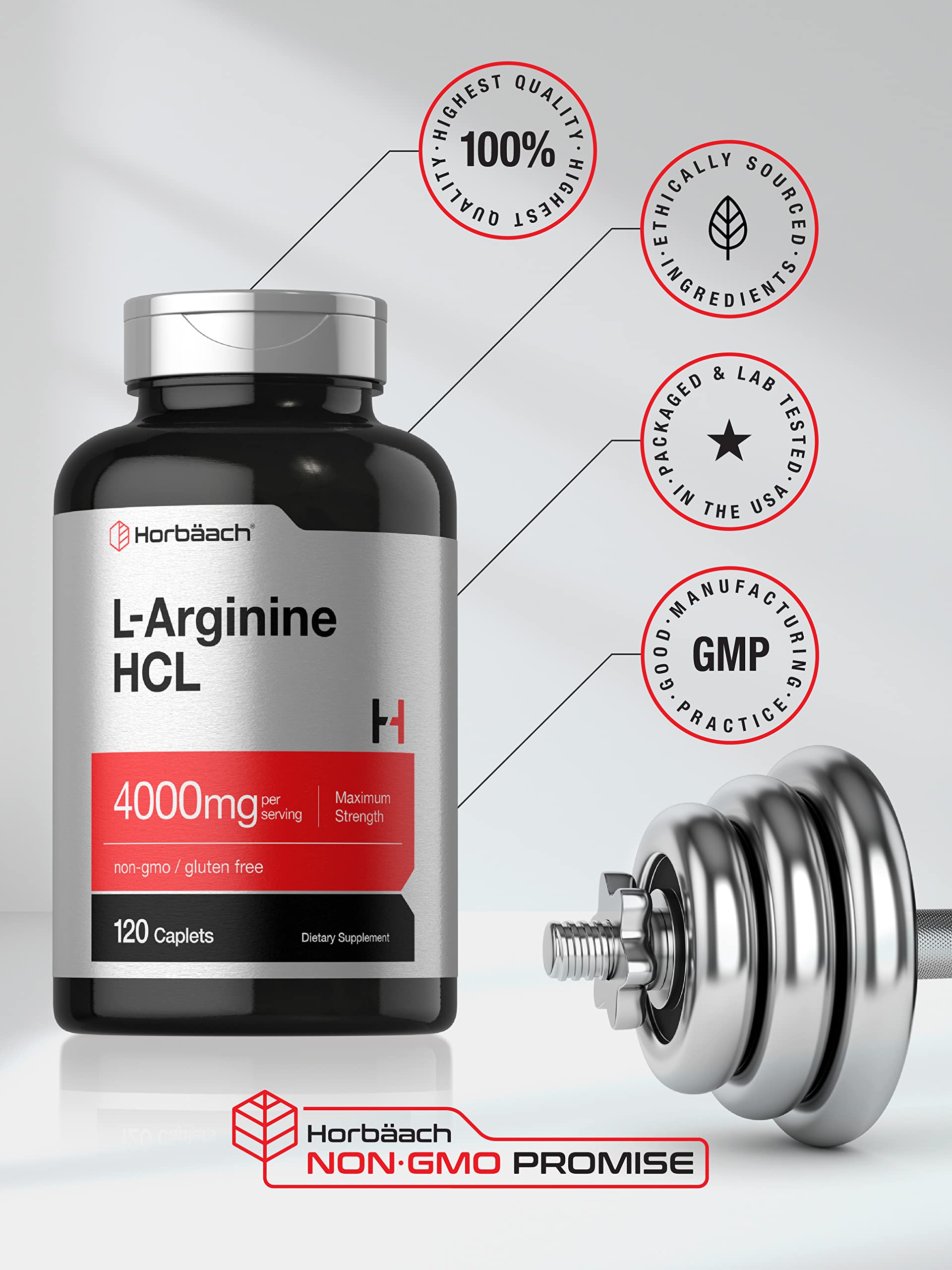 Horbäach L-Arginine 4000mg – 120 Caplets | Nitric Oxide Precursor for Men & Women | Vegetarian, Non-GMO, Gluten Free