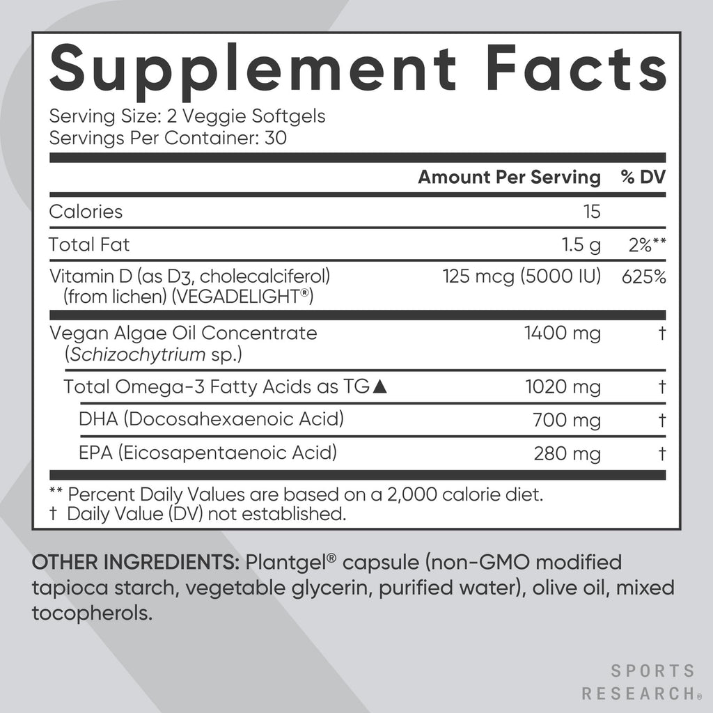 Sports Research Vegan Omega-3 + Vitamin D3 Softgels – 1020mg Omega-3, 5000 IU D3 (60 Veggie Softgels)