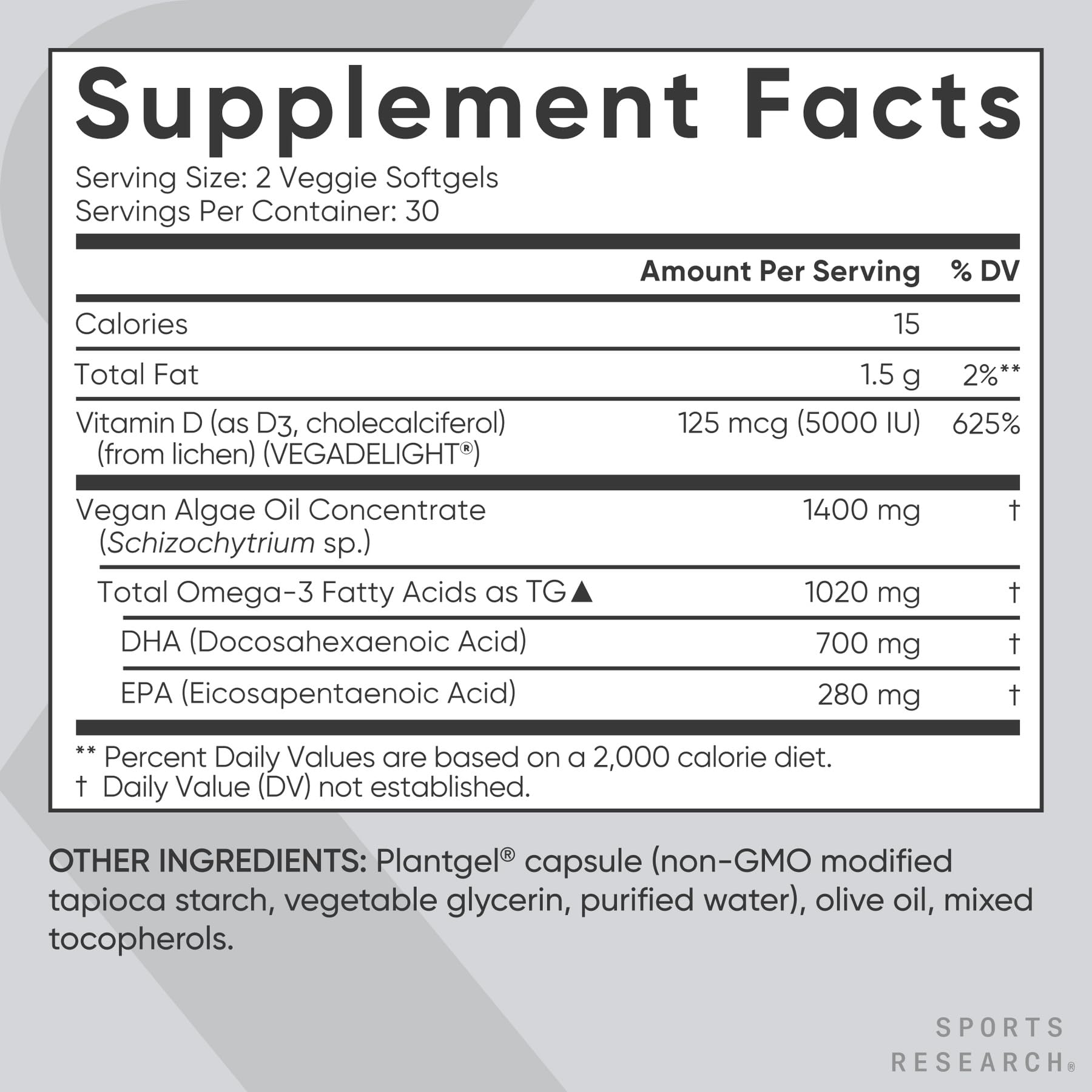 Sports Research Vegan Omega-3 + Vitamin D3 Softgels – 1020mg Omega-3, 5000 IU D3 (60 Veggie Softgels)