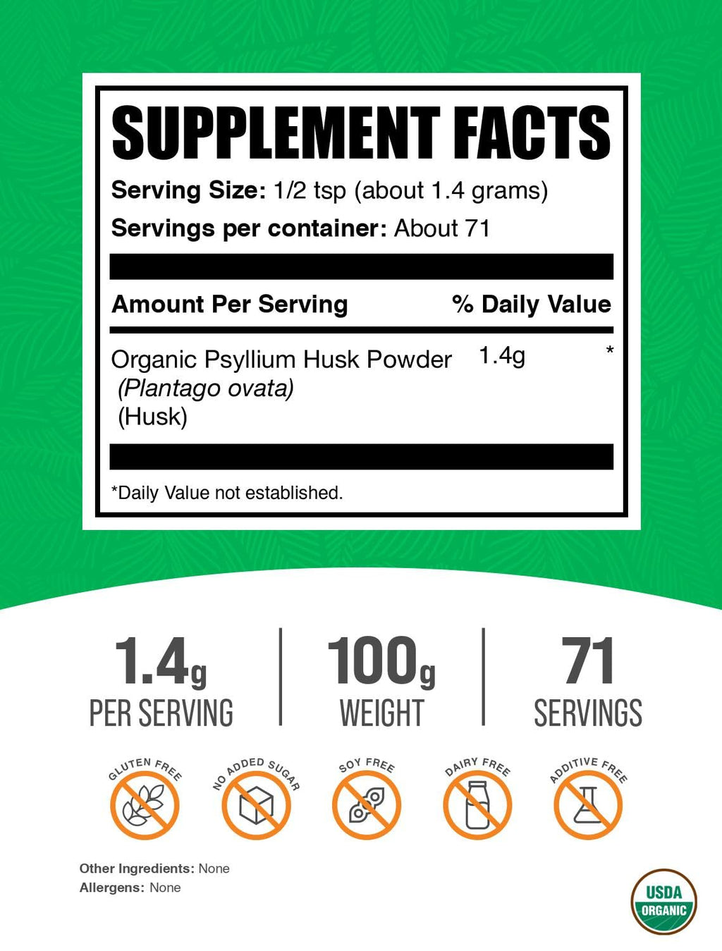 Organic Psyllium Husk Powder 100g - Gluten Free Fiber Supplement | BulkSupplements