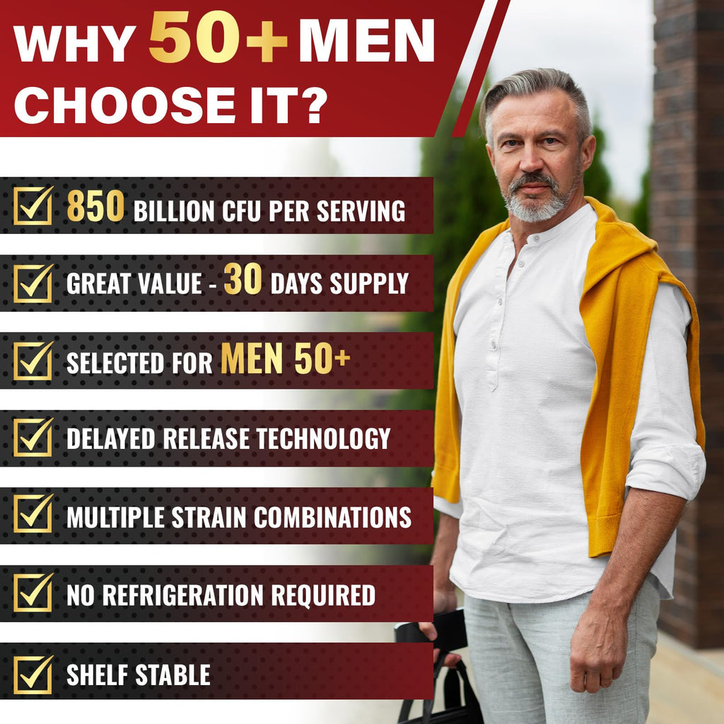 Probiotics for Men 50+ – 850B CFU & 1900mg Prebiotic | Gut Health