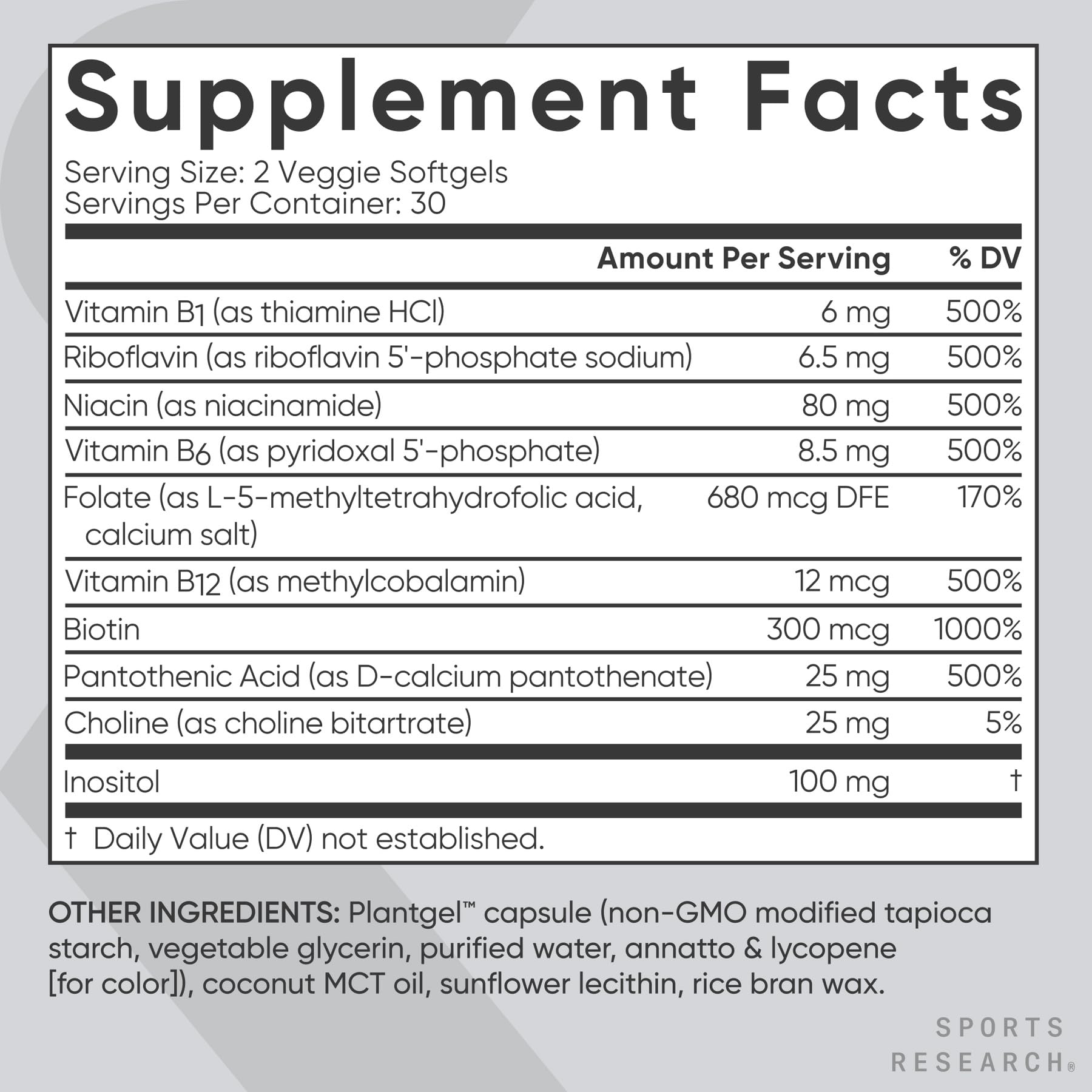 Sports Research Vitamin B-Complex – Full Spectrum B Vitamins with Methylated B12 & Folate | Gluten Free, Plant-Based, Non-GMO, Vegan-Friendly - 60 Veggie Softgels