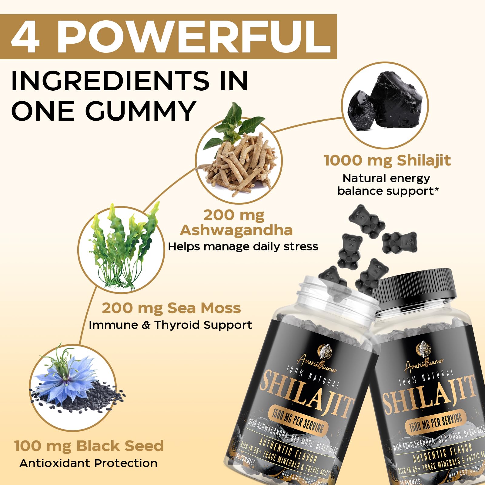 1500MG Shilajit Gummies – 4-in-1 with Ashwagandha, Sea Moss, Black Seed | 120 Gummies