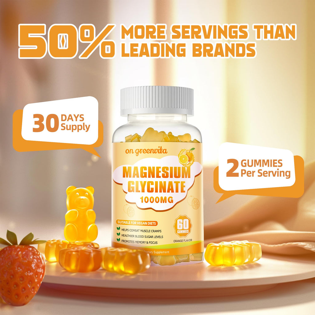 Magnesium Glycinate Gummies 1000mg - Sugar Free Magnesium Potassium Supplement with Vitamin D, B6, CoQ10 for Calm Mood & Sleep Support - 120 Orange Gummies 2 Pack