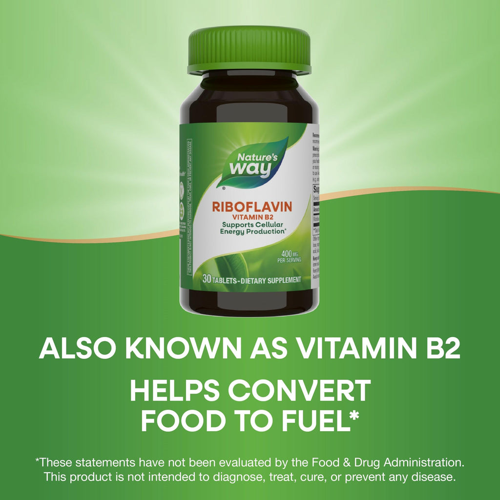 Nature's Way Riboflavin Vitamin B2, Supports Cellular Energy Production*, Vegan, 30 Tablets (Packaging May Vary)