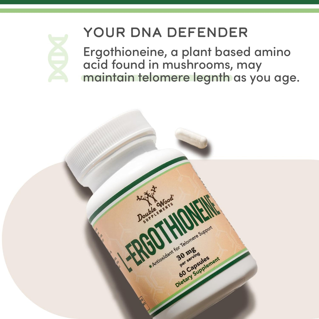 Ergothioneine 30mg Supplement - 60 Count, Plant-Based L-Ergothioneine (Non-GMO, Gluten Free, Vegan Safe) - Double Wood (Pack of 2)