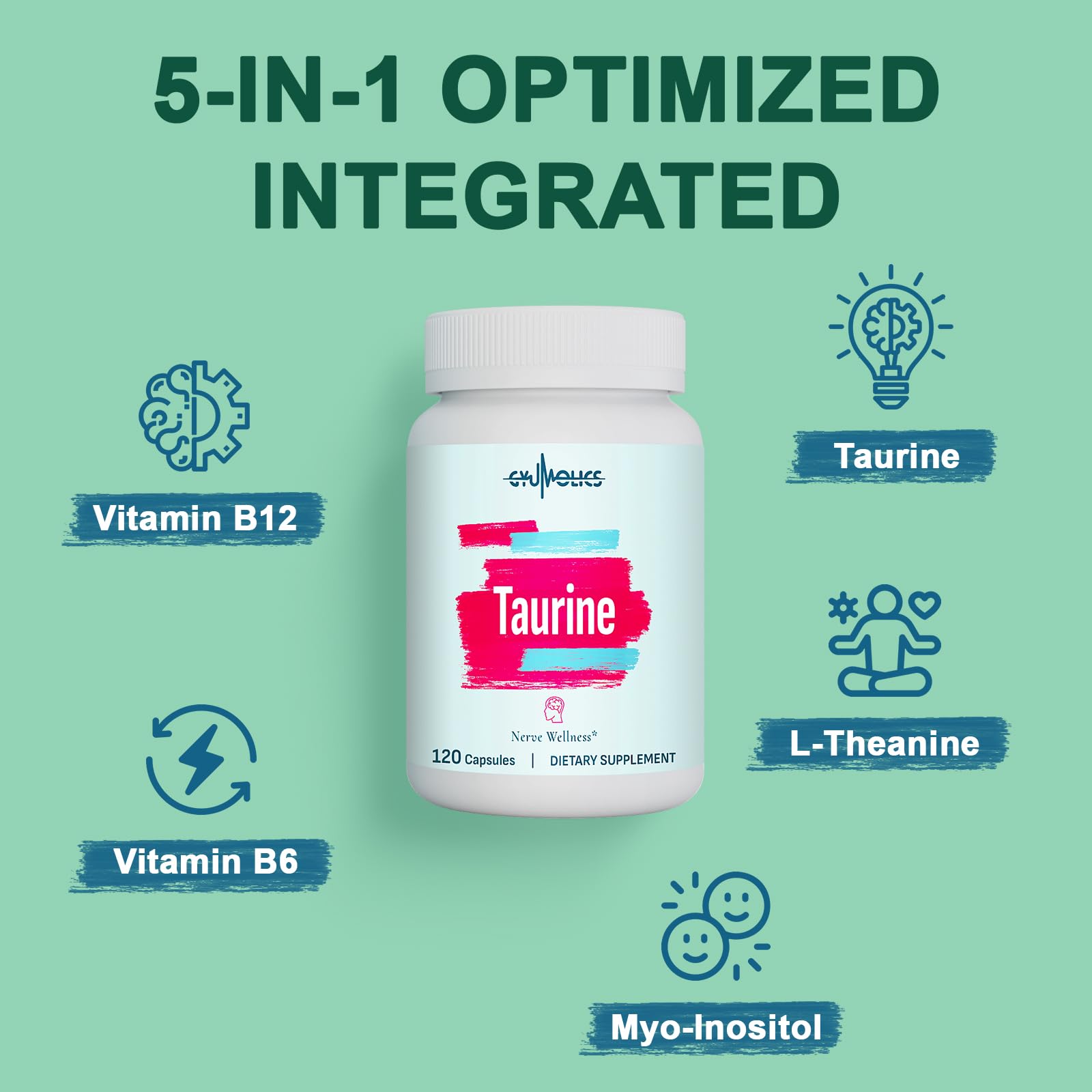 Gyumolics Taurine 2000mg – 5-in-1 Plant-Based Amino Acid Supplement (L-Theanine, Myo-Inositol, B6 & B12)