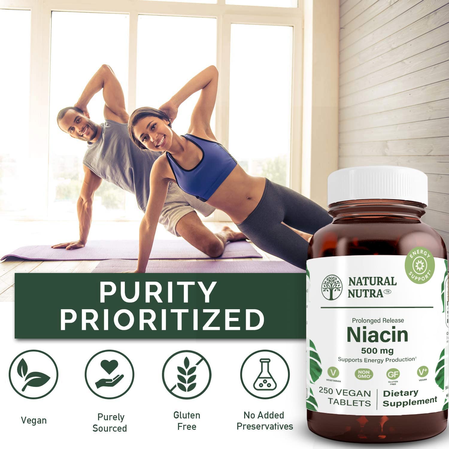 Natural Nutra Niacin 500mg Time-Release – Vitamin B3 for Heart Health, Skin & Cognition | 250 Vegan Tablets