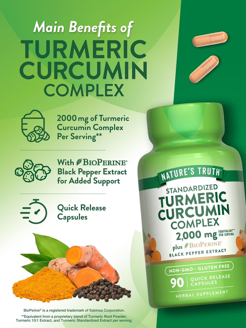 Nature's Truth Turmeric Curcumin Capsules | 2000mg | 90 Count | 95% Standardized Curcuminoids + Bioperine | Non-GMO & Gluten Free
