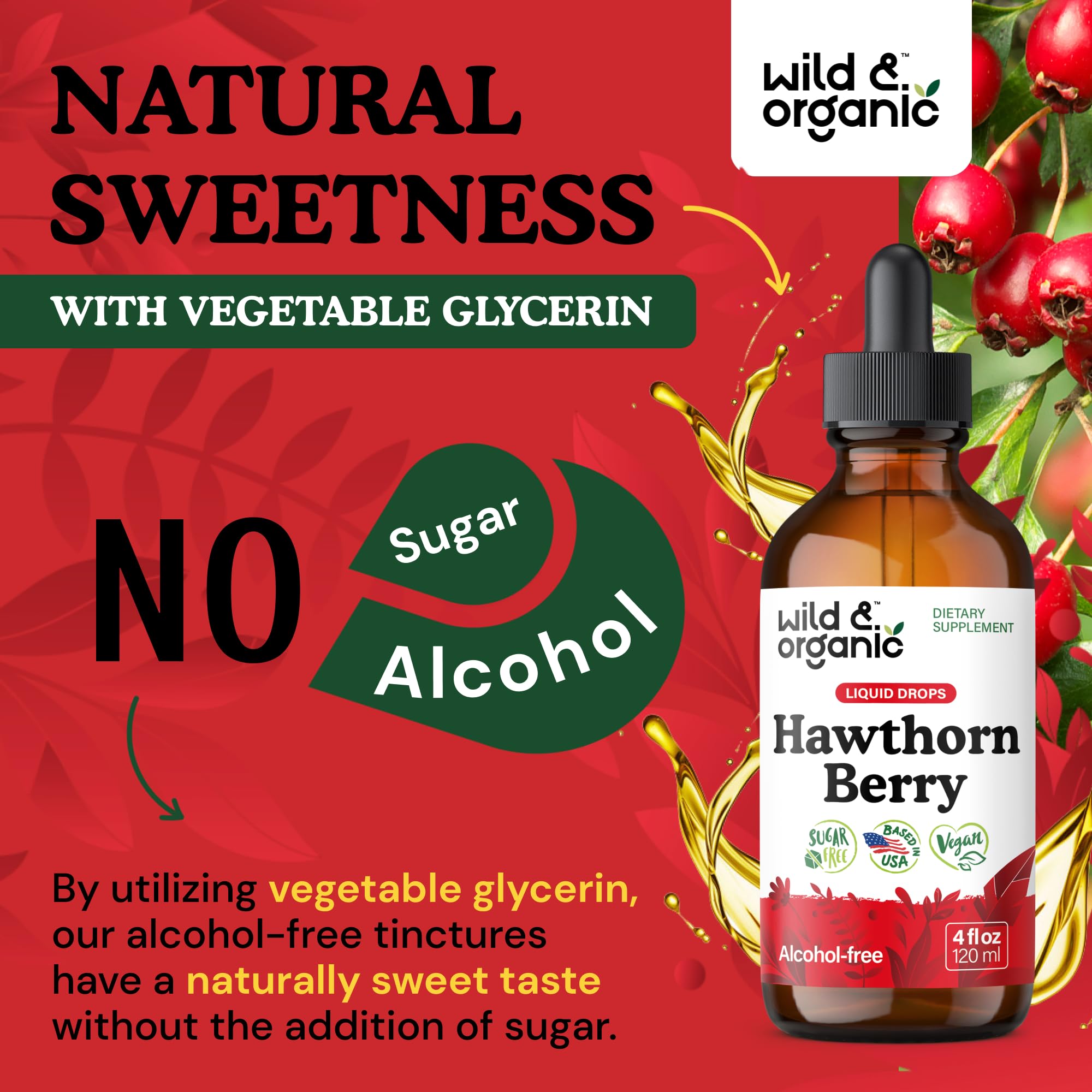 Wild & Organic Hawthorn Berry Tincture 600 mg – Vegan, Alcohol-Free Liquid Drops, 4 fl oz