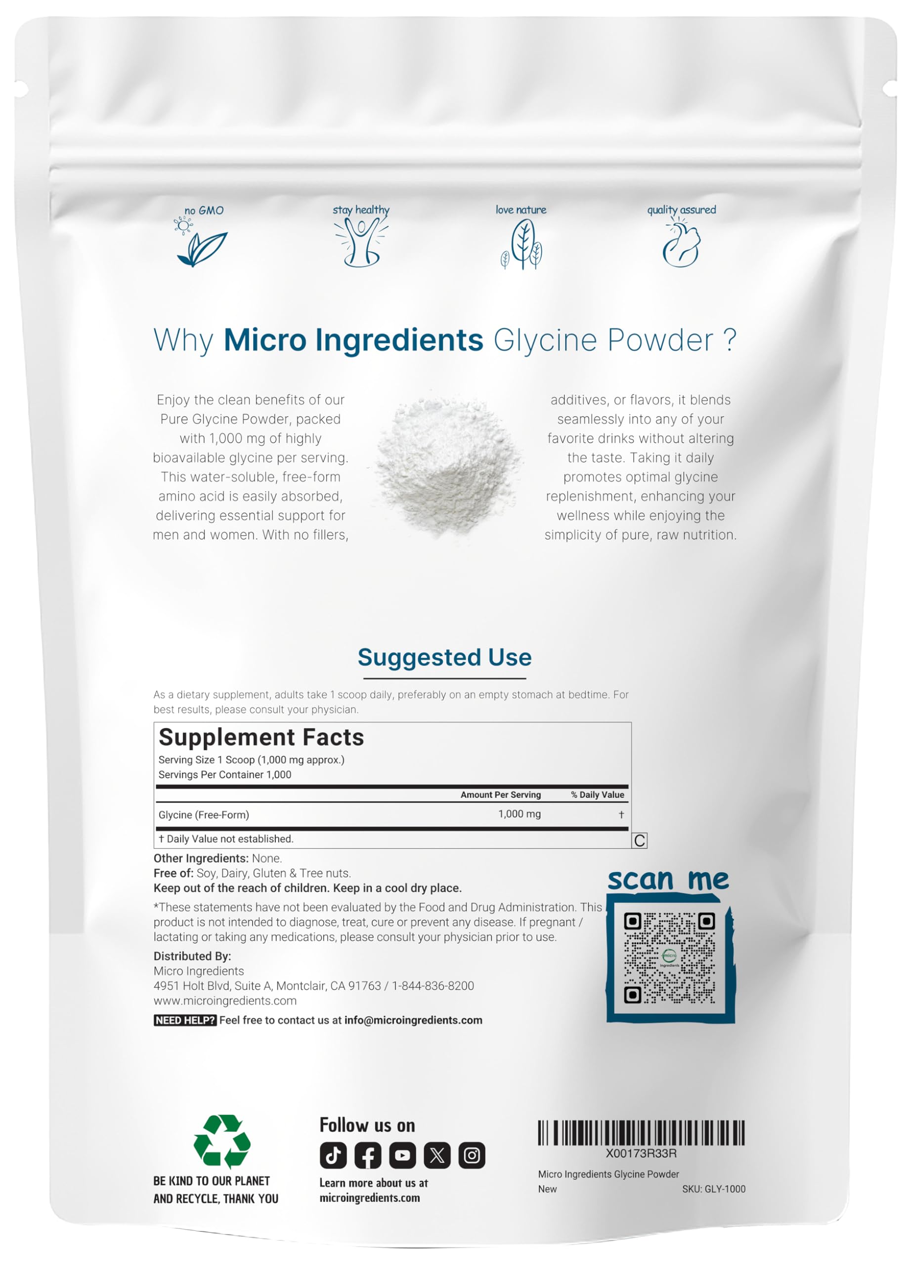 Glycine Powder 1KG (2.2 lb) – 1000mg/Serving, Sleep & Neurotransmitter Support | Micro Ingredients, USA Made