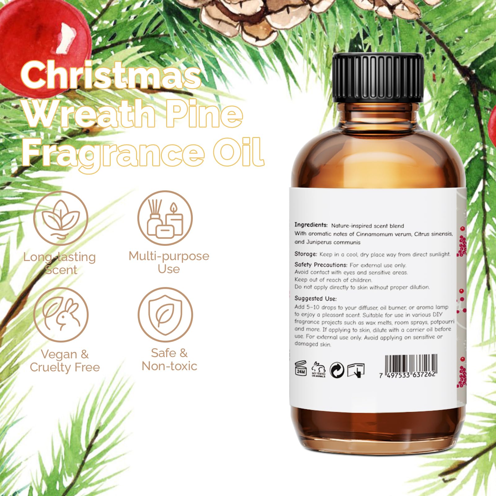 GM Gumili Christmas Wreath Pine Fragrance Oil 2 oz - Cozy Pine Scent for Diffusers, Candles & Soaps