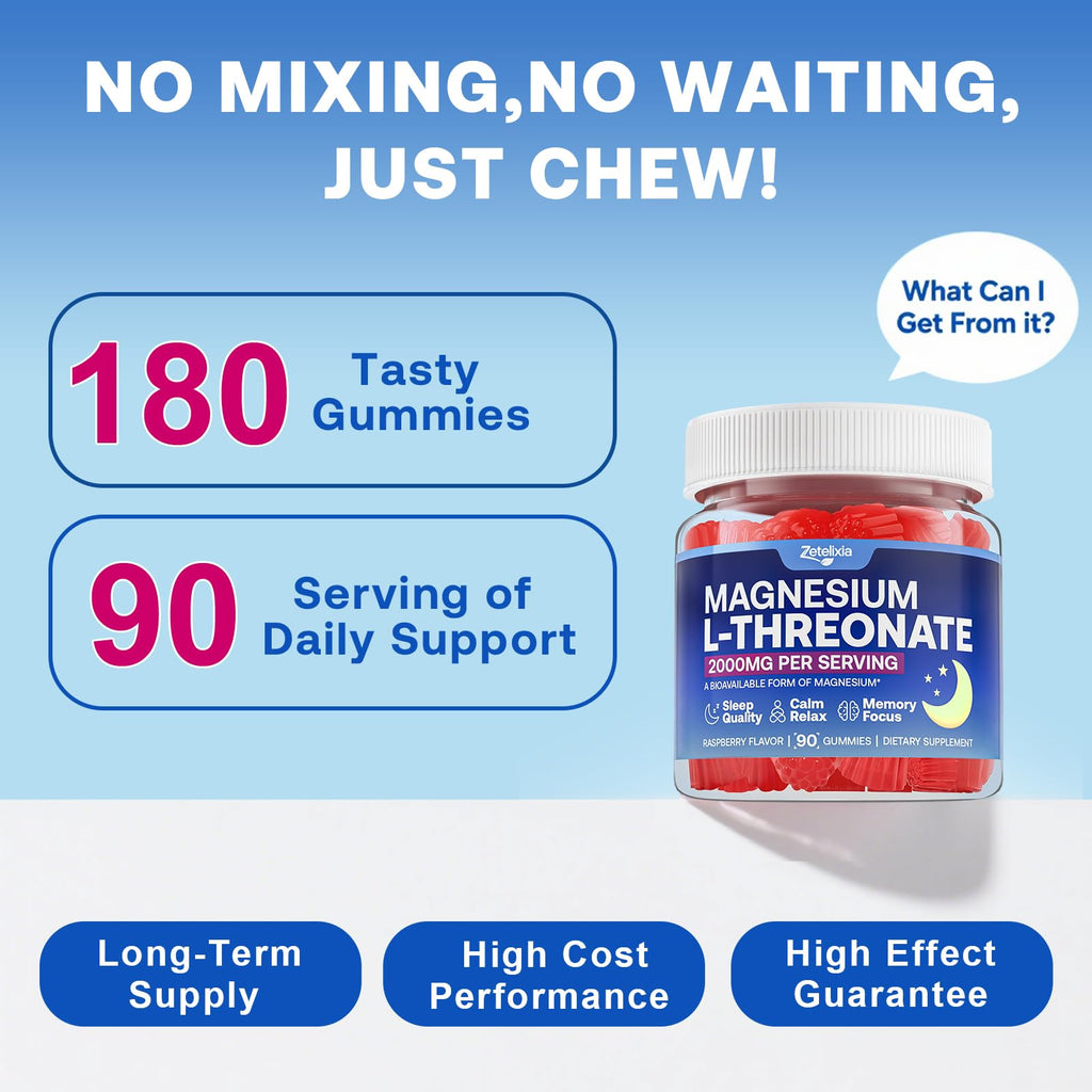 180 Count 2-Pack Magnesium L-Threonate Gummies 2000mg – Sleep & Cognition (Vegan, Raspberry)