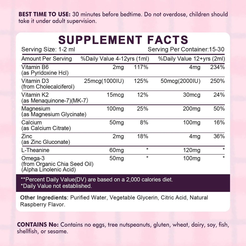 Kids Magnesium Glycinate Sleep Drops with L-Theanine – Melatonin-Free, Raspberry Flavor (30ml)