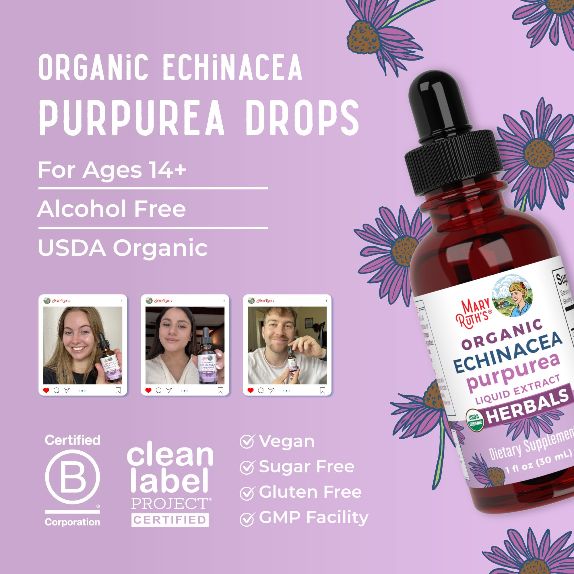 MaryRuth Organics Echinacea Purpurea Liquid | Immune Support Drops | USDA Organic | 1 Fl Oz